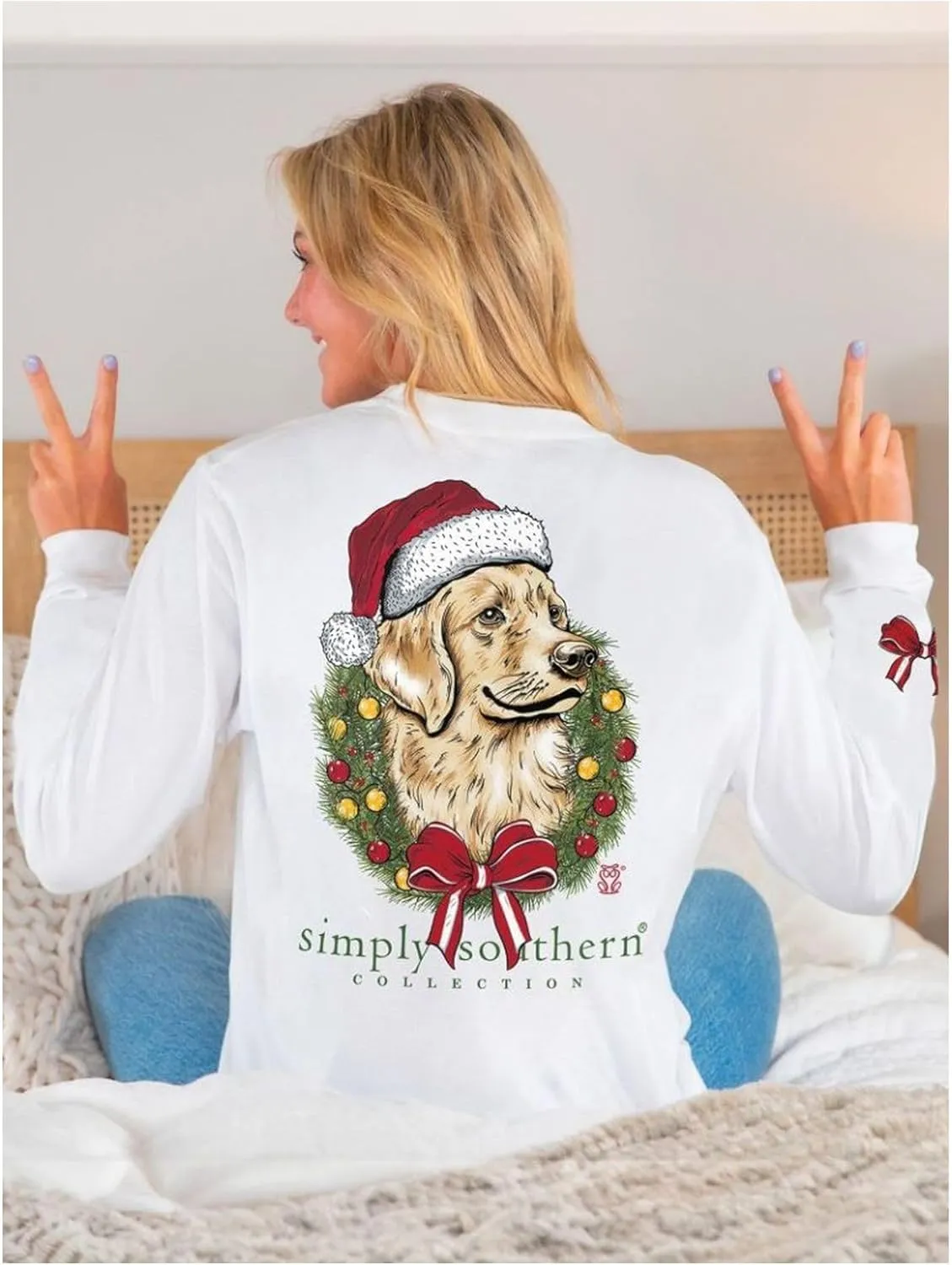 Simply Southern Golden Retriever Dog Christmas Graphic Long Sleeve T-Shirt - White, Unisex Adult