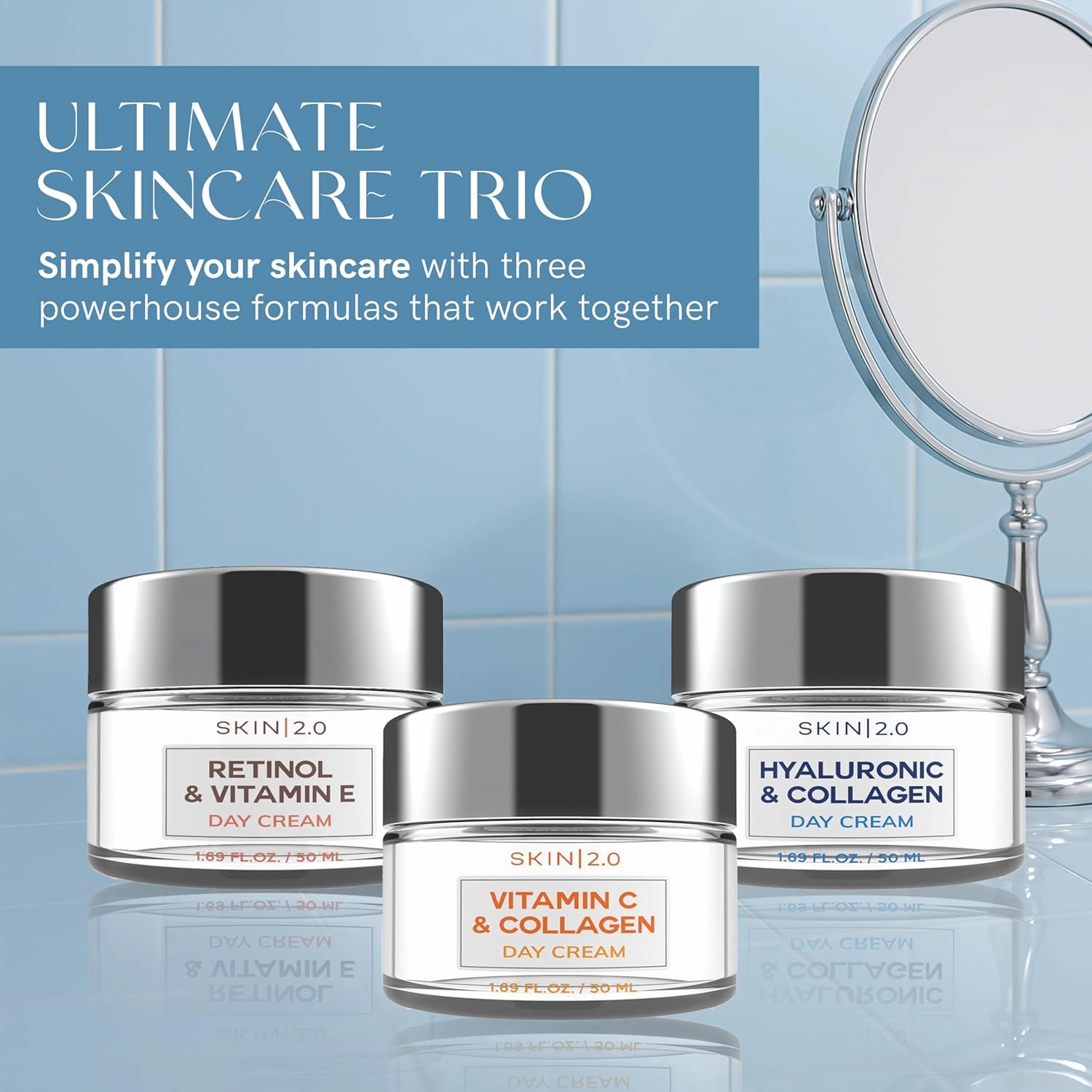 Skin 2.0-3 Day Creams Value Set - Dermatologist Tested, Hydrating - Anti-Aging, Clean Beauty, Natural Ingredients, Cruelty-Free Korean Skincare for All Skin Types (3-Pack)