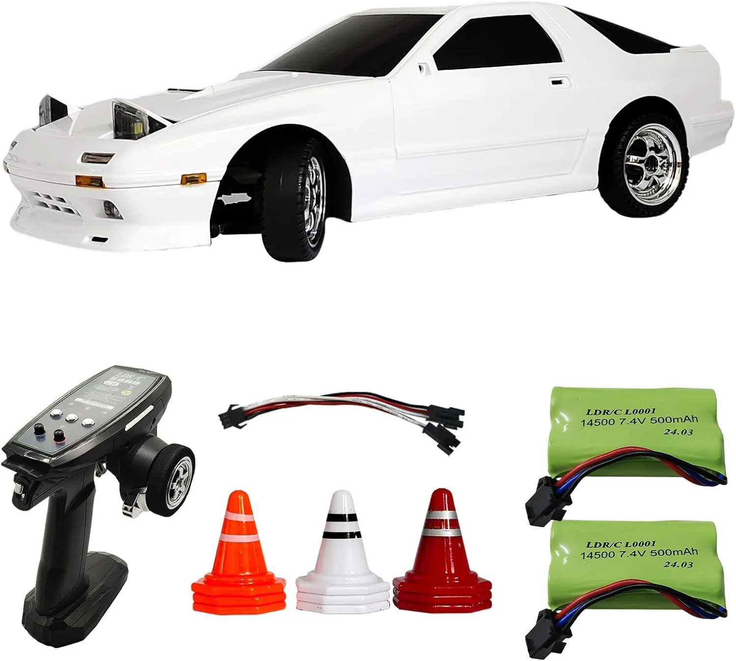 Skymaker LD1802 1:18 RC Drift Car Mazda RX-7 FC High-Speed Drifting 2.4GHz Remote Control ESP Gyroscope LED Light Mini RC Racing Car with Two Batteries (White)