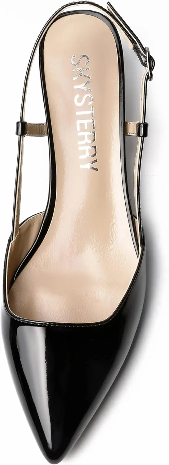 SKYSTERRY Women's Patent Slingback Cute Cut Out Pointed Toe Office Spool Low Kitten Heel Pumps Office Work Shoes 1.5 Inch