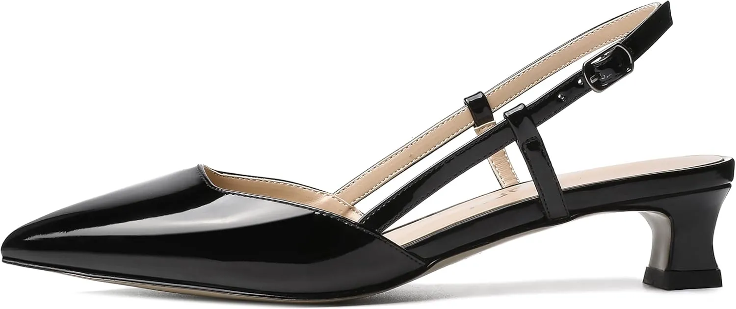SKYSTERRY Women's Patent Slingback Cute Cut Out Pointed Toe Office Spool Low Kitten Heel Pumps Office Work Shoes 1.5 Inch