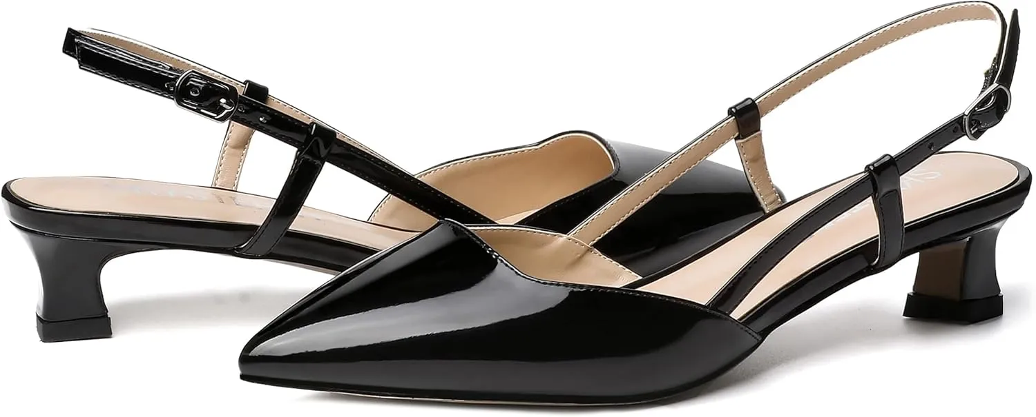 SKYSTERRY Women's Patent Slingback Cute Cut Out Pointed Toe Office Spool Low Kitten Heel Pumps Office Work Shoes 1.5 Inch