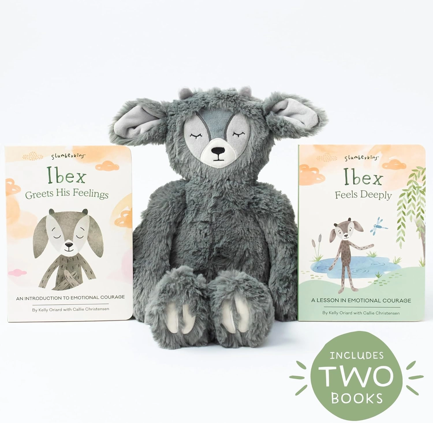 Slumberkins 14" Ibex Kin & 2 Board Books Complete Set Bundle | Promotes Emotional Courage, Resilience & Empathy | Social Emotional Tools for Ages 0  (Ibex Kin Plush   2 Board Books)