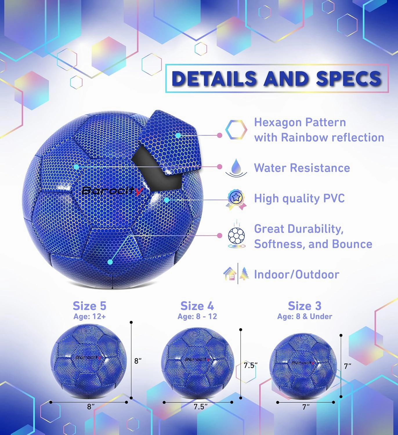 Soccer Ball - Premium Boy and Girl Official Match Ball with Cool Reflective Iridescent Rainbow Hex Pattern, Durable, Indoor, Outdoor, Training, Practice, Playtime and Games