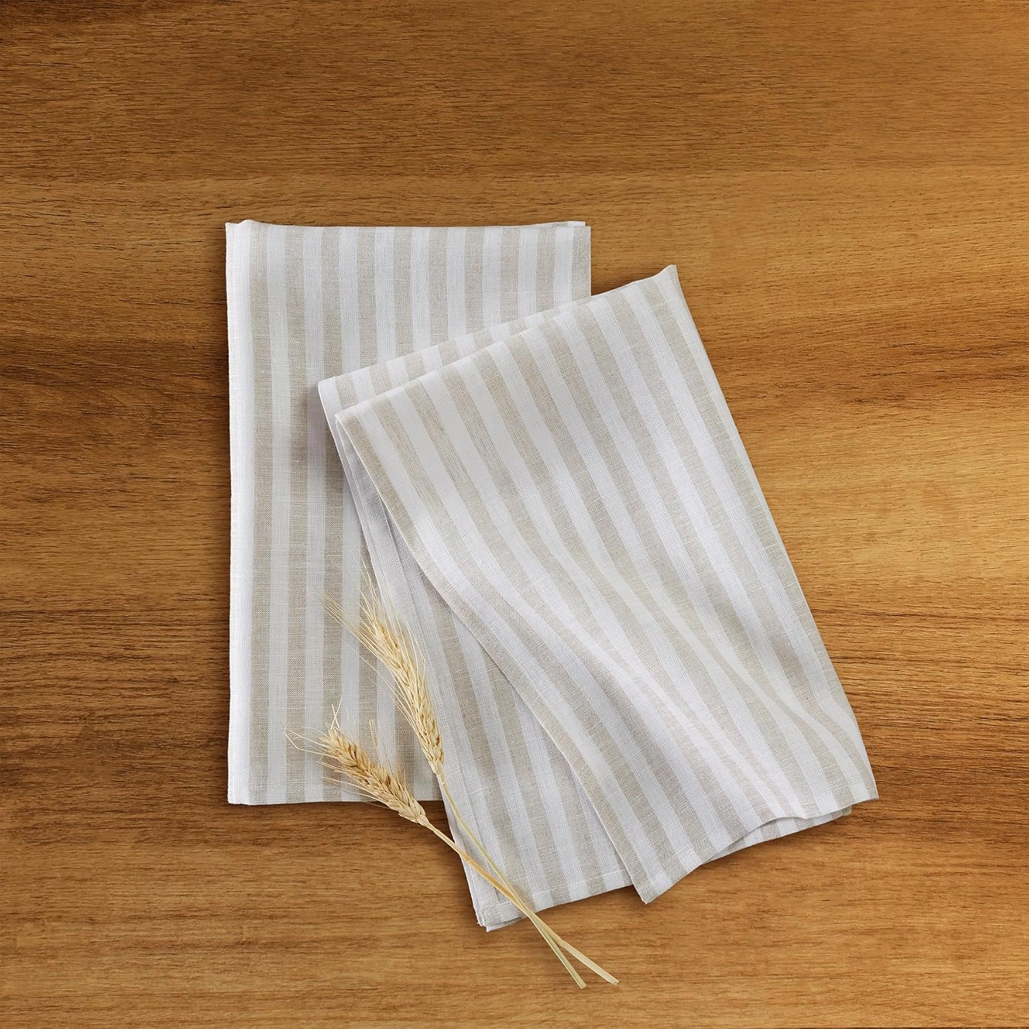 Solino Home Natural and White Linen Kitchen Towels Set of 2-100% Pure Linen Amalfi Stripe Kitchen/Tea Towels 17 x 26 Inch - Machine Washable and Handcrafted from European Flax
