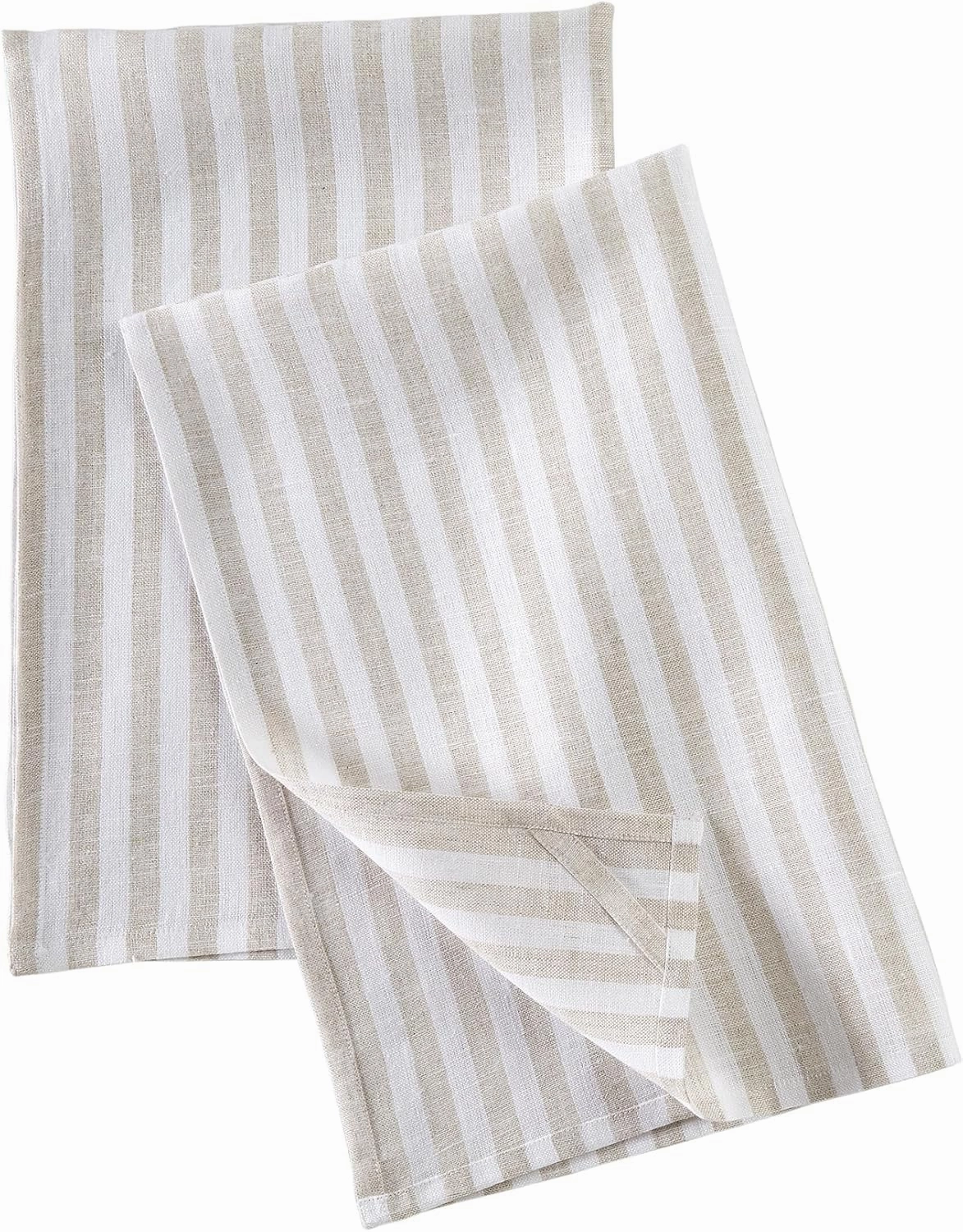 Solino Home Natural and White Linen Kitchen Towels Set of 2-100% Pure Linen Amalfi Stripe Kitchen/Tea Towels 17 x 26 Inch - Machine Washable and Handcrafted from European Flax