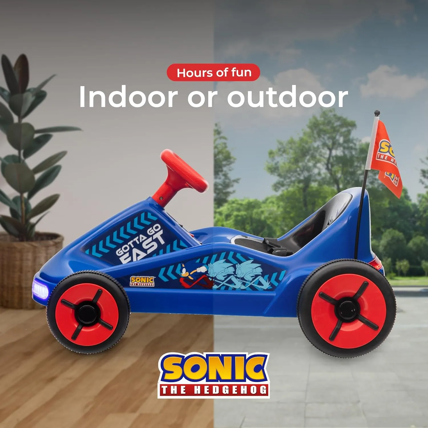 Sonic The Hedgehog 12V Electric Go Kart for Kids, Electric Ride-On Toy with Lights, Seat Belt, Ages 3-6, Durable PVC and Iron Construction, Rechargeable Battery, Outdoor and Indoor Fun