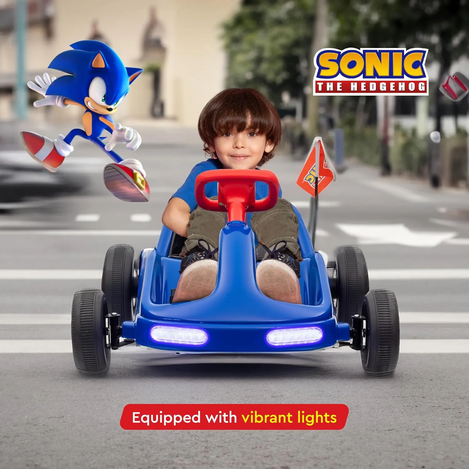 Sonic The Hedgehog 12V Electric Go Kart for Kids, Electric Ride-On Toy with Lights, Seat Belt, Ages 3-6, Durable PVC and Iron Construction, Rechargeable Battery, Outdoor and Indoor Fun