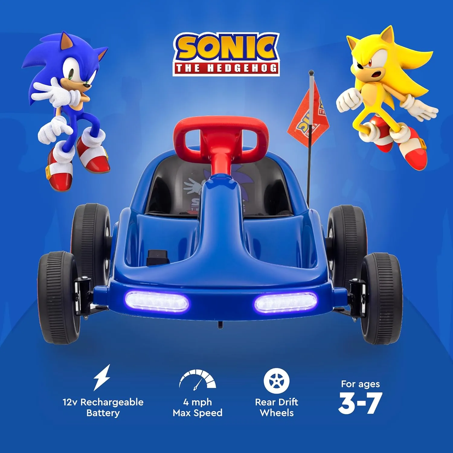 Sonic The Hedgehog 12V Electric Go Kart for Kids, Electric Ride-On Toy with Lights, Seat Belt, Ages 3-6, Durable PVC and Iron Construction, Rechargeable Battery, Outdoor and Indoor Fun