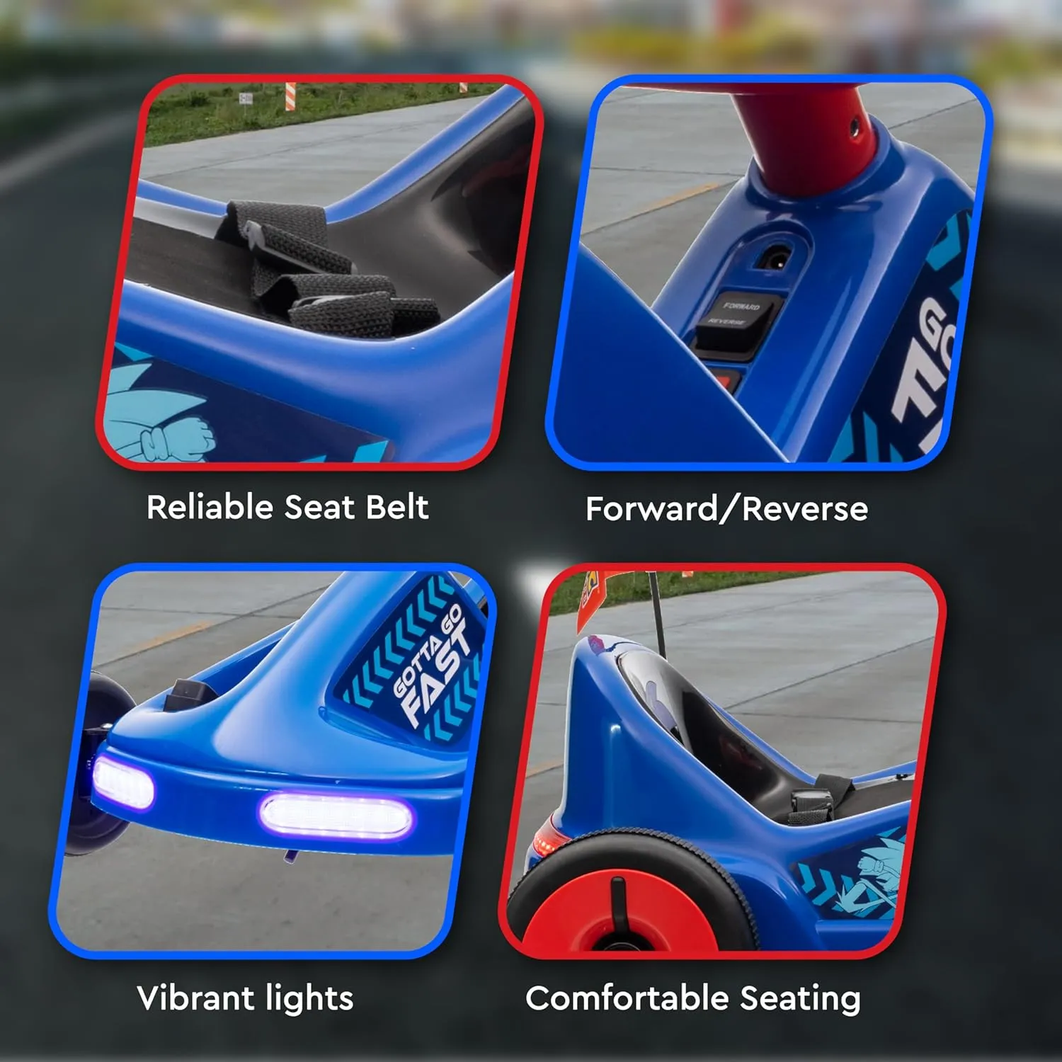 Sonic The Hedgehog 12V Electric Go Kart for Kids, Electric Ride-On Toy with Lights, Seat Belt, Ages 3-6, Durable PVC and Iron Construction, Rechargeable Battery, Outdoor and Indoor Fun