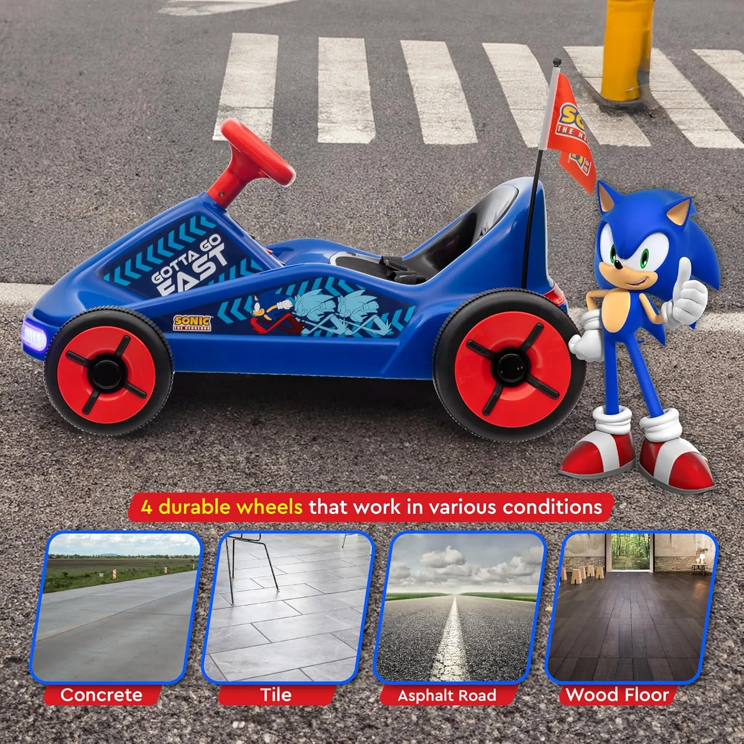 Sonic The Hedgehog 12V Electric Go Kart for Kids, Electric Ride-On Toy with Lights, Seat Belt, Ages 3-6, Durable PVC and Iron Construction, Rechargeable Battery, Outdoor and Indoor Fun