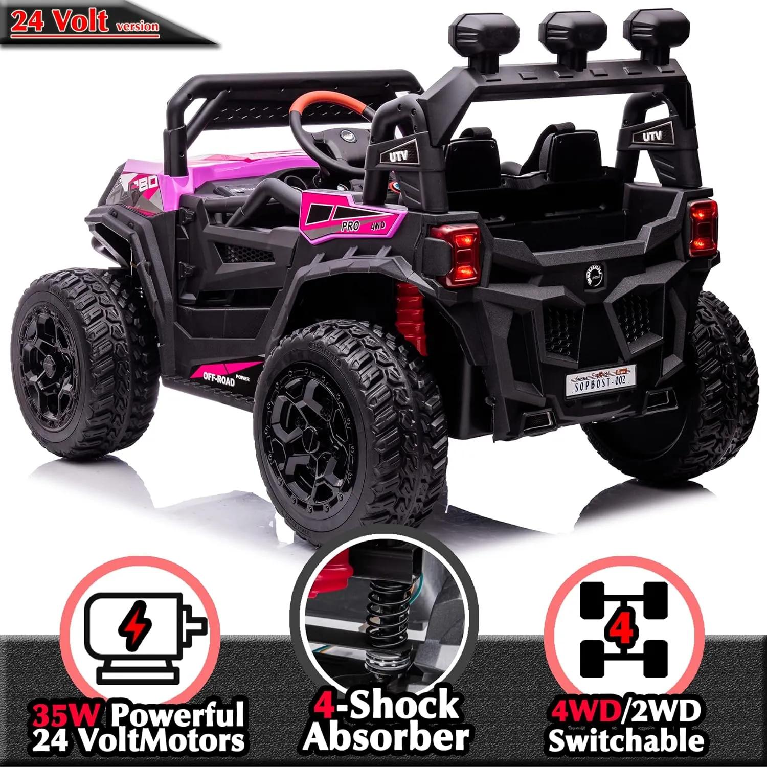 sopbost 24V 7Ah Ride On Car for Kids Battery Powered Ride On Toys with Remote Control 4x4 Electric Vehicle 4 Wheeler UTV, EVA Tires Wheels, 5Mph High Speed, Purple Pink