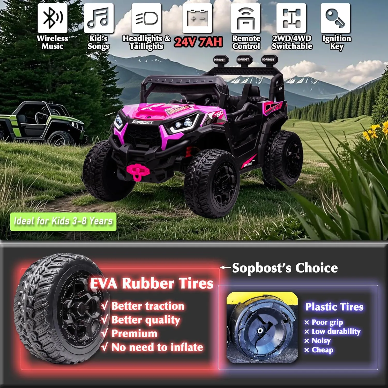 sopbost 24V 7Ah Ride On Car for Kids Battery Powered Ride On Toys with Remote Control 4x4 Electric Vehicle 4 Wheeler UTV, EVA Tires Wheels, 5Mph High Speed, Purple Pink