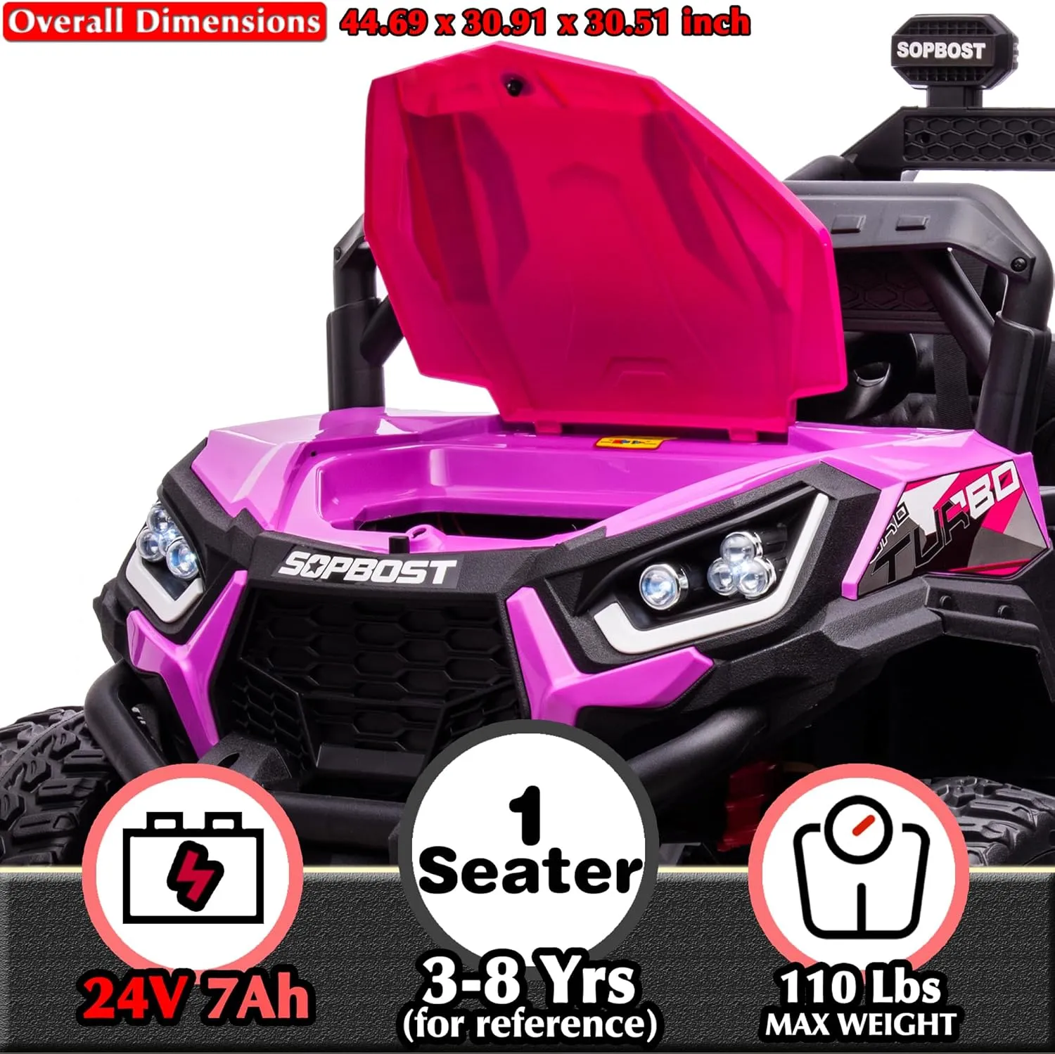 sopbost 24V 7Ah Ride On Car for Kids Battery Powered Ride On Toys with Remote Control 4x4 Electric Vehicle 4 Wheeler UTV, EVA Tires Wheels, 5Mph High Speed, Purple Pink
