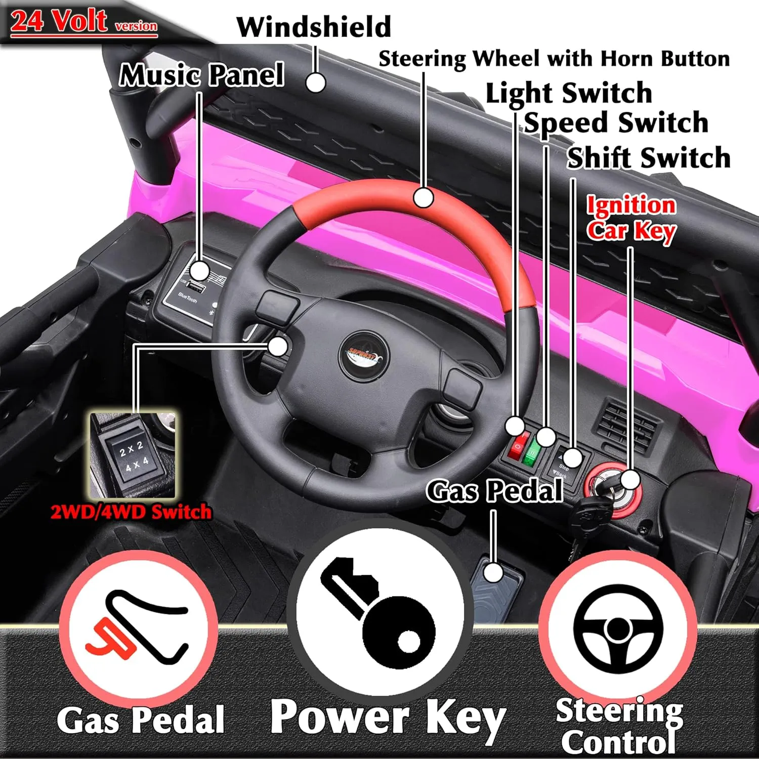sopbost 24V 7Ah Ride On Car for Kids Battery Powered Ride On Toys with Remote Control 4x4 Electric Vehicle 4 Wheeler UTV, EVA Tires Wheels, 5Mph High Speed, Purple Pink