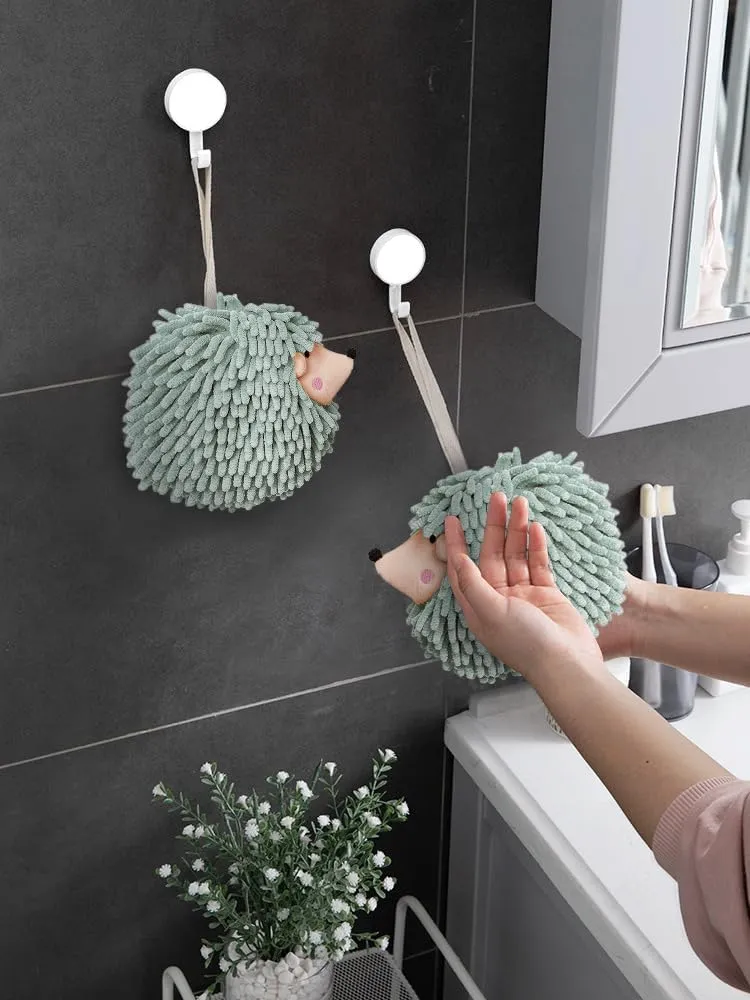 Sophie & Panda Fuzzy Ball Hand Towels (Set of 2) - Dry Your Hands conveniently with This Creative Hand Towel Hedgehog Decorative Towels for Bathroom (Pack of 2, Mint)
