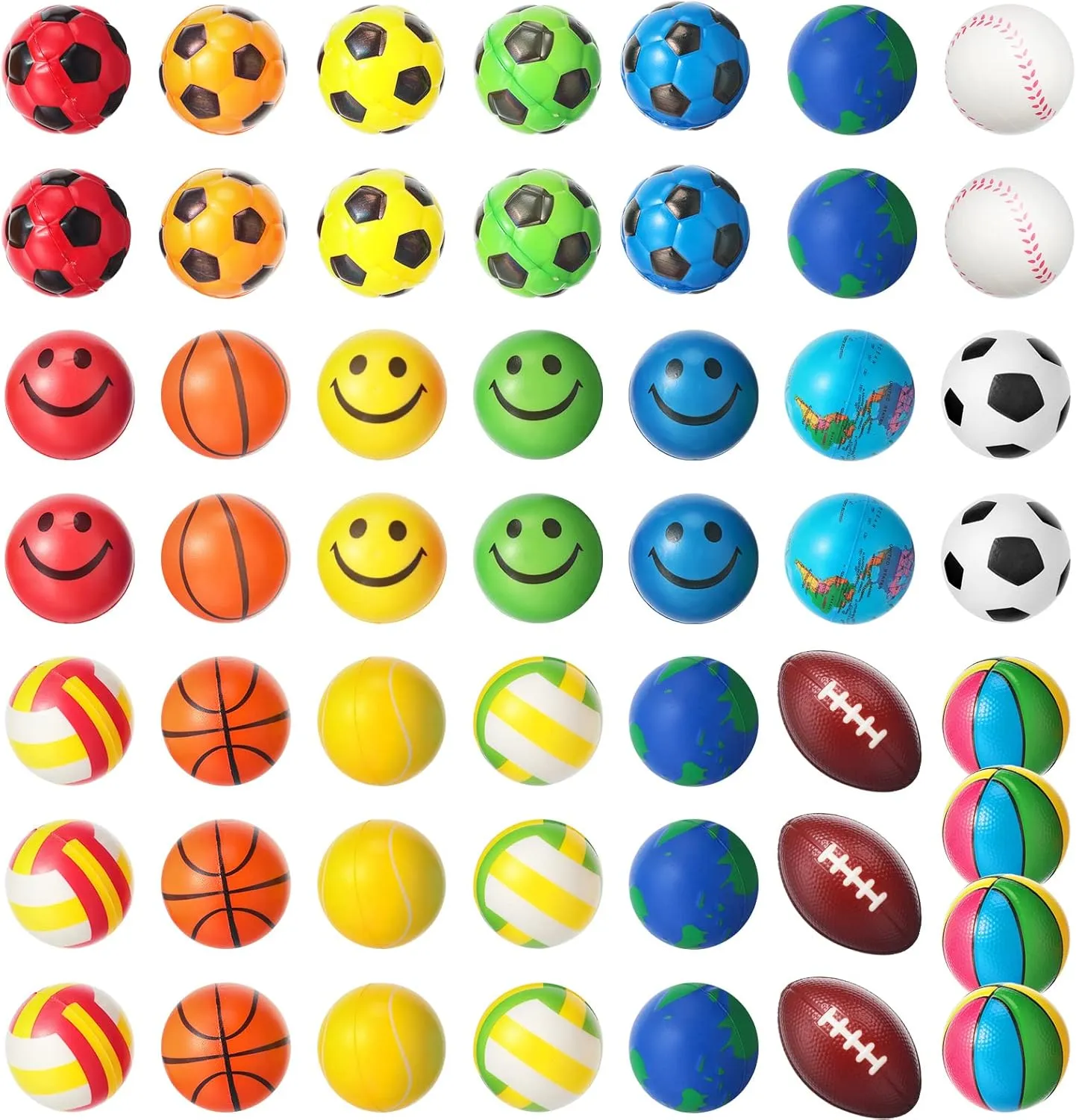 Sosation 50 Pcs 2.5 Inch Mini Stress Balls for Kids Party Favor, Sport Foam Soccer Ball, Basketball, Smile Face Fidget Anxiety Relief, Relaxation for Carnival Prizes Birthday Gift