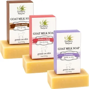 Southern Natural Goat Milk Soap Bar (Variety 3 Pack) Lavender, Southern Bell, Honey Almond - For Dry Sensitive Skin. Great For Face and Body. (Each Bar 4-4.5 oz)