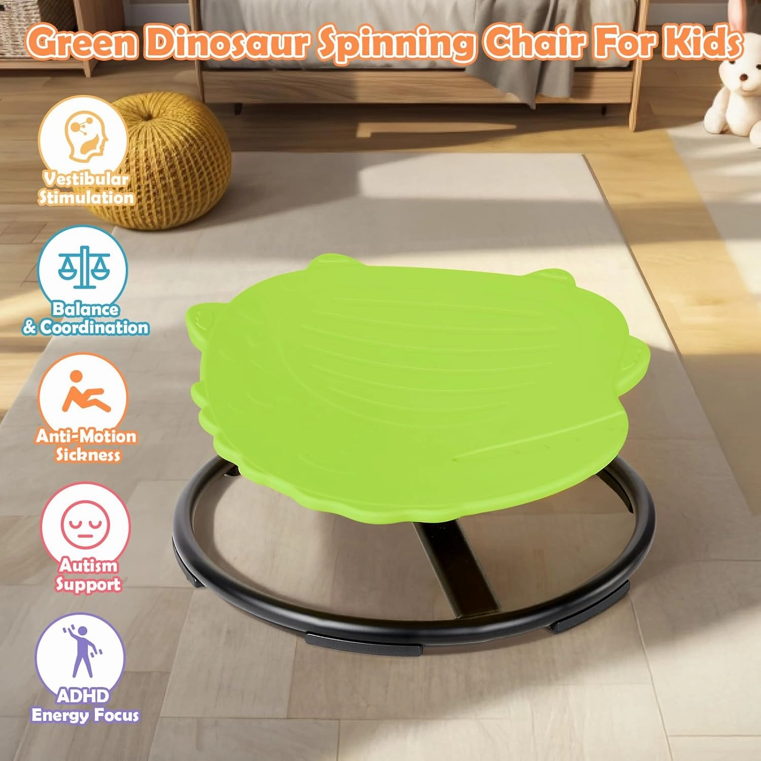 Spinning Chair for Kids, Sensory Integration Training Swivel Chair for Children with Autism & ADHD, for Balance & Body Coordination Training, Green Dinosaur