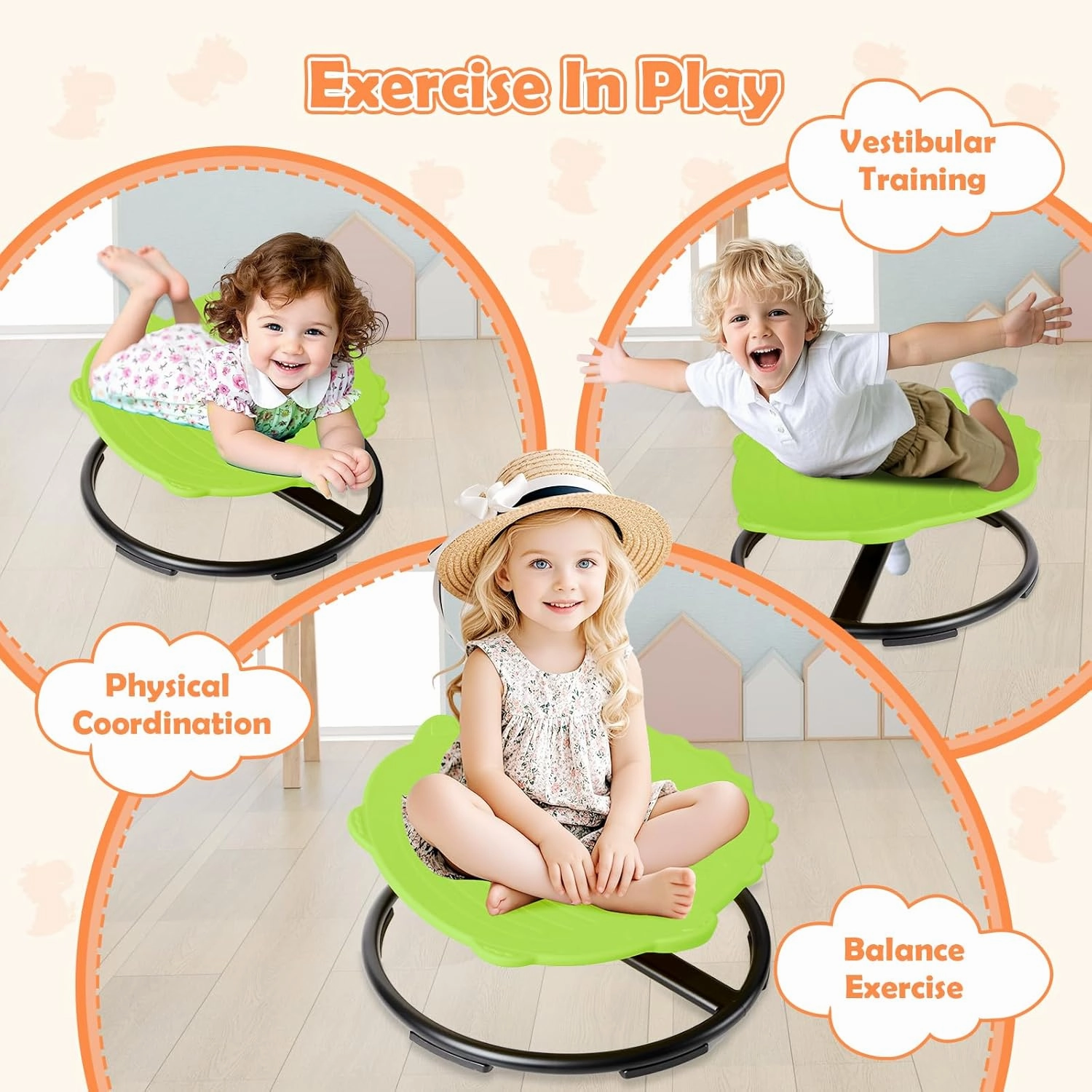 Spinning Chair for Kids, Sensory Integration Training Swivel Chair for Children with Autism & ADHD, for Balance & Body Coordination Training, Green Dinosaur