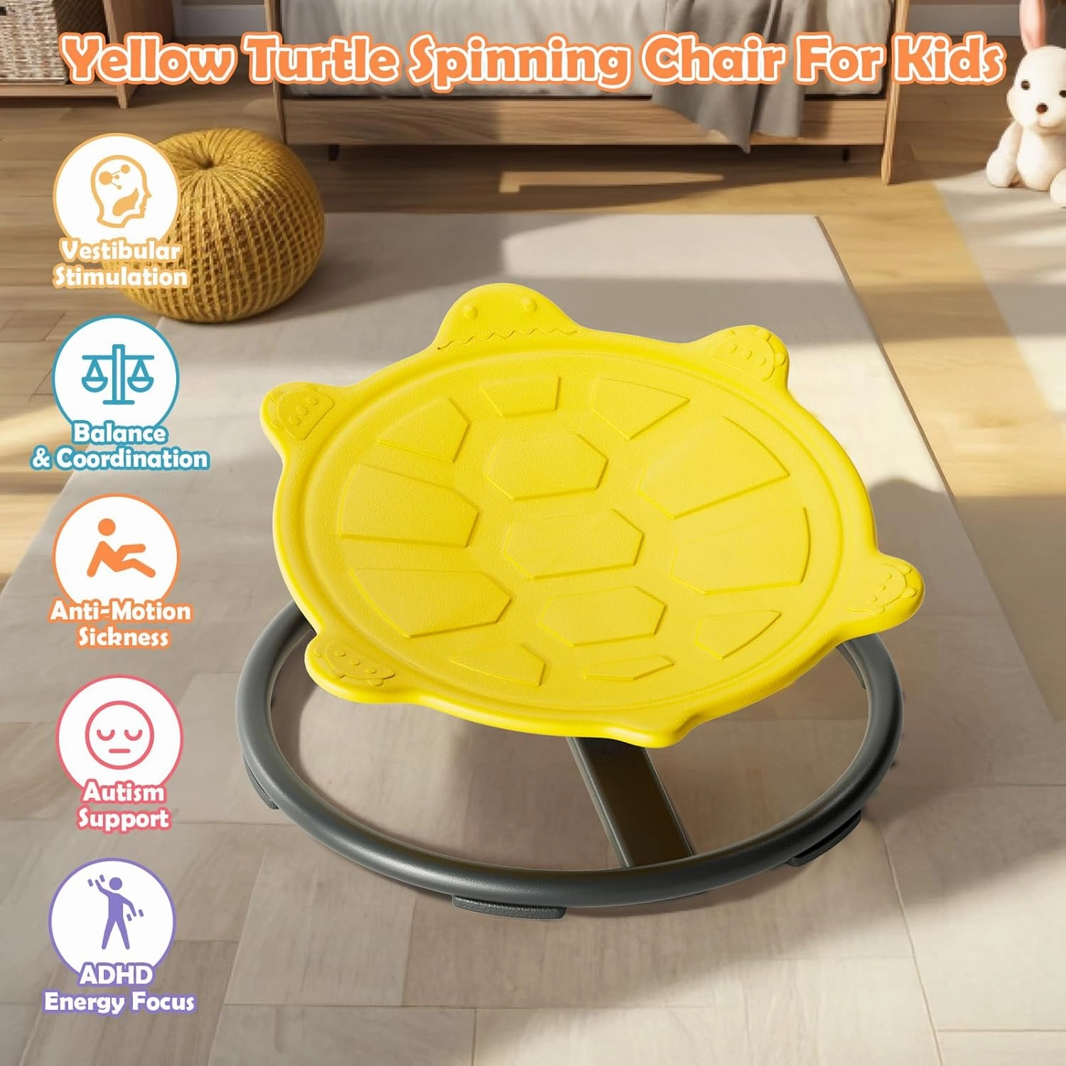Spinning Chair for Kids, Sensory Integration Training Swivel Chair for Children with Autism & ADHD, for Balance & Body Coordination Training, Yellow Turtle