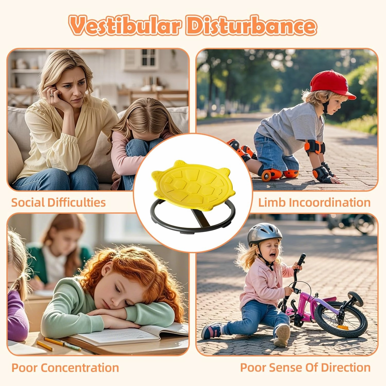 Spinning Chair for Kids, Sensory Integration Training Swivel Chair for Children with Autism & ADHD, for Balance & Body Coordination Training, Yellow Turtle