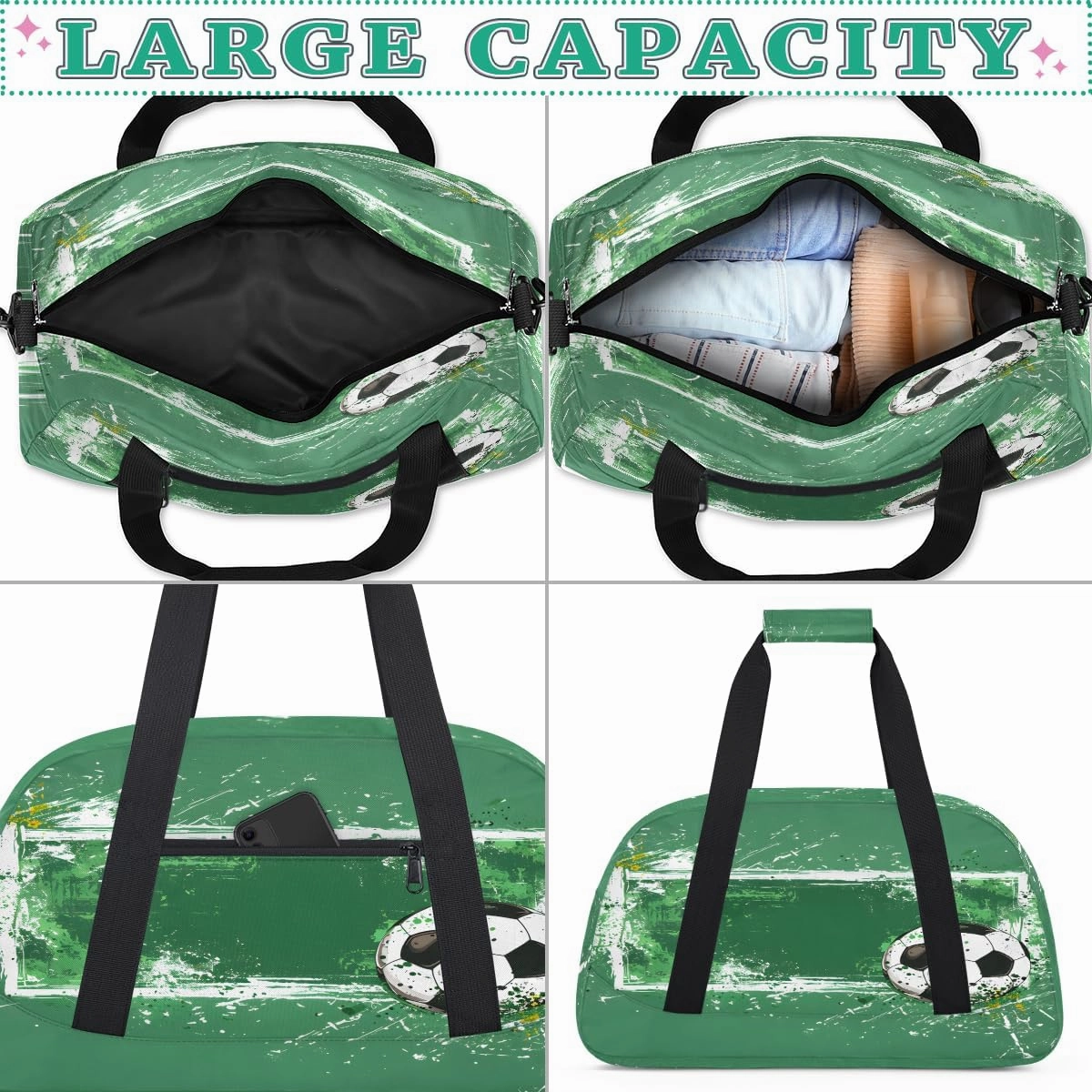 Sport Ball Soccer Theme Kids Overnighter Duffel Bags for Boys, Carry-On Size Sports Gym Bag with Front Zipper Pocket for School Practice or Overnight Travel Weekender Sleepover Tote Bag