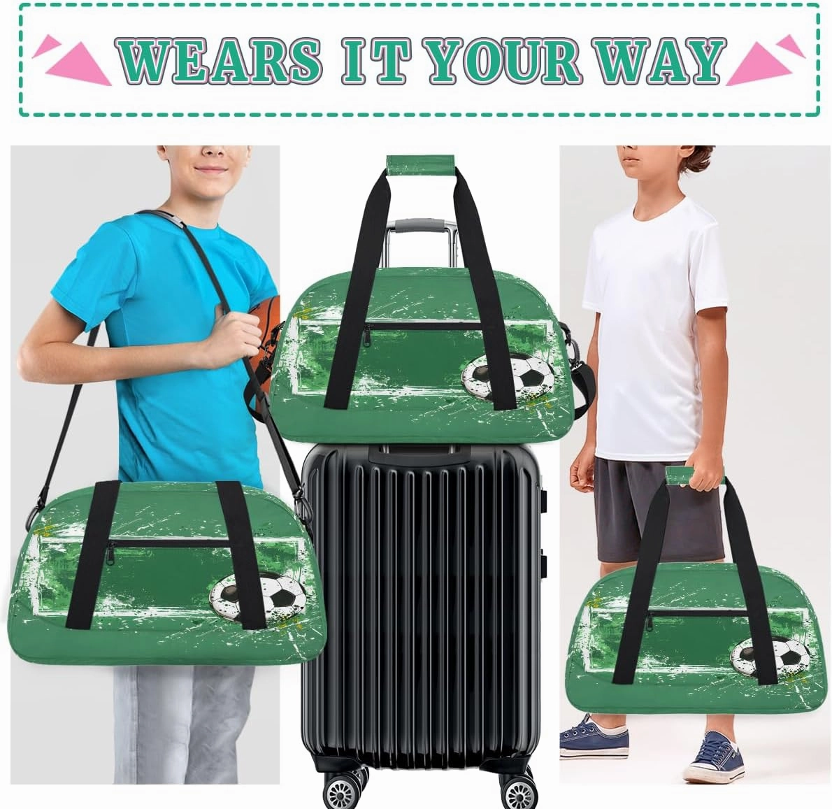 Sport Ball Soccer Theme Kids Overnighter Duffel Bags for Boys, Carry-On Size Sports Gym Bag with Front Zipper Pocket for School Practice or Overnight Travel Weekender Sleepover Tote Bag