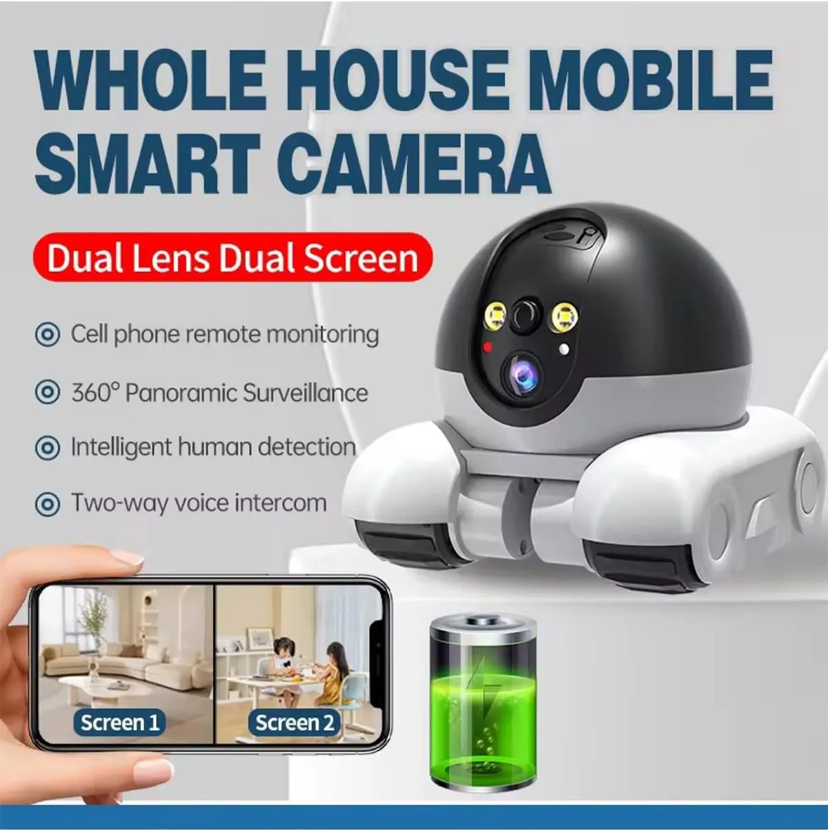 Spymate Robot - Mini Robot Camera on Wheels 1080p Dual Lens, Indoor Movable Spymate Security Cameras with 2-Way Talk, Night Vision, Rolling Camera Robot for Cats/Dogs/Baby/Elderly (128G)