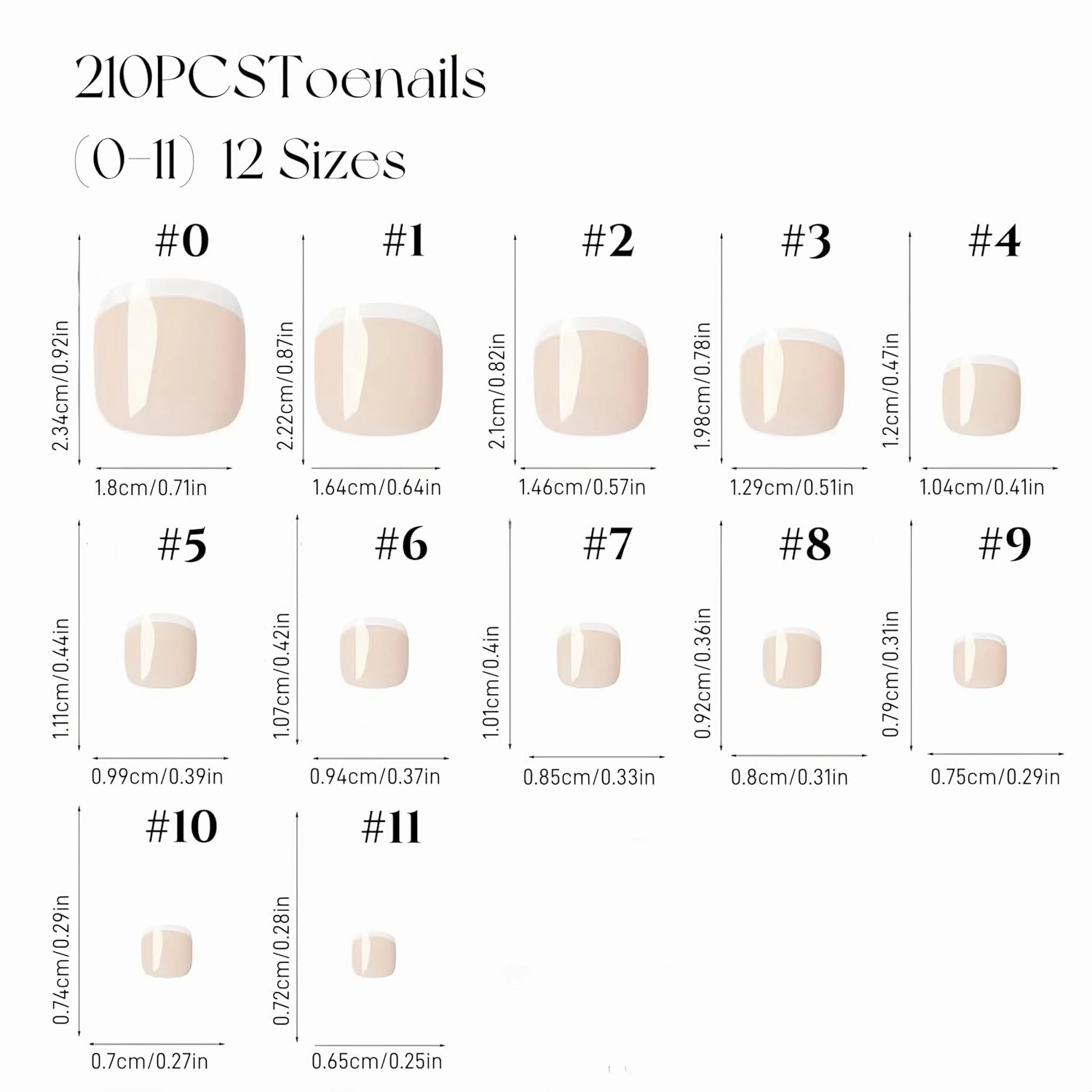 Square French Brown Press-On Toenails for Women, 210 Soak-Off French Toenails in 15 Sizes