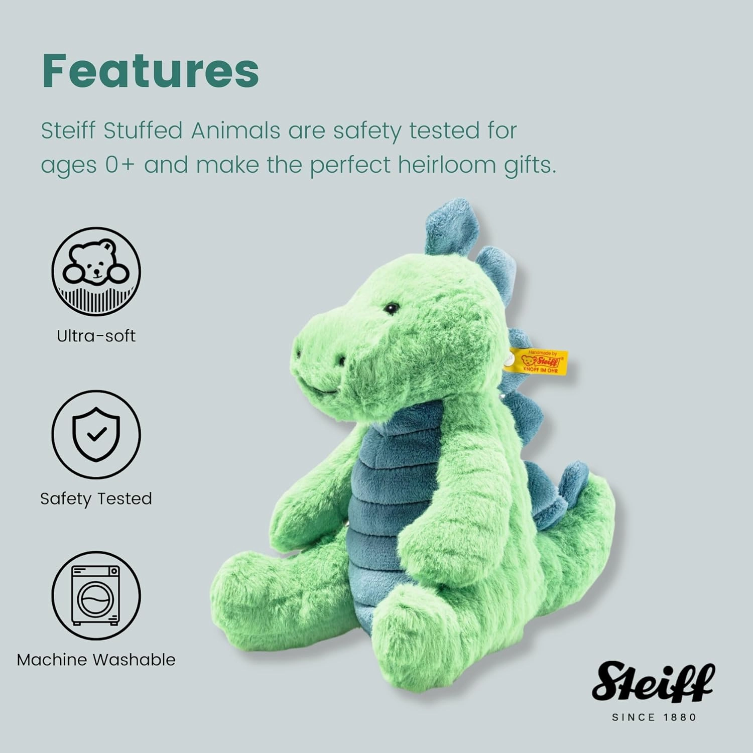 Steiff Spott Stegosaurus Dinosaur, Premium Stegosaurus Plush Stuffed Animal, Dinosaur Toys, Stuffed Dino, Dinosaur Stuffed Animal for Girls Boys and Kids, Soft Cuddly Friends (Green & Blue, 11")