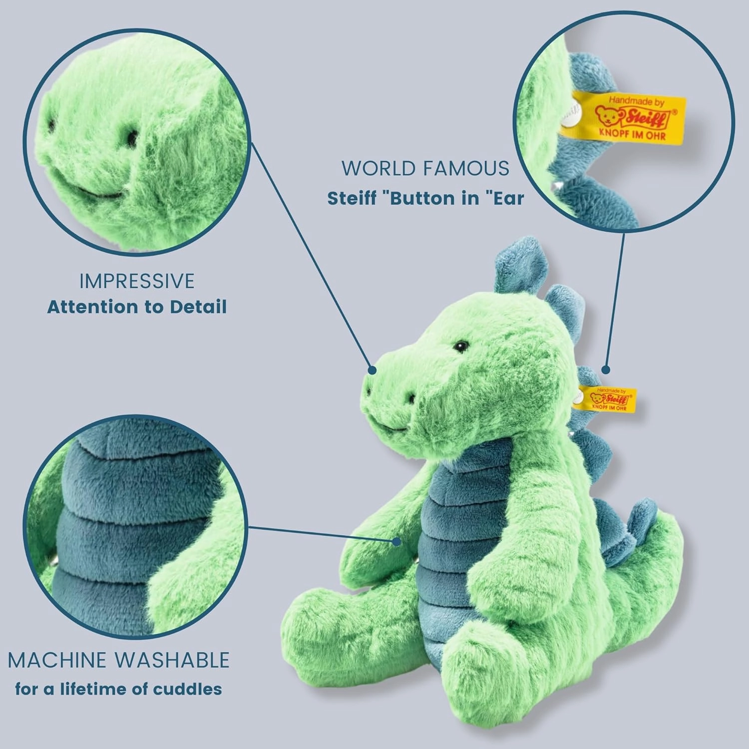 Steiff Spott Stegosaurus Dinosaur, Premium Stegosaurus Plush Stuffed Animal, Dinosaur Toys, Stuffed Dino, Dinosaur Stuffed Animal for Girls Boys and Kids, Soft Cuddly Friends (Green & Blue, 11")