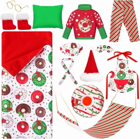 Suhine 13 Pcs Christmas Doll Accessories Set on Clothes Donut Clothes Doughnut Outfit Scarf Sleeping Bag Sweater Bathrobe Hammock Apron Hat Doll Costume Dress up for Xmas Doll