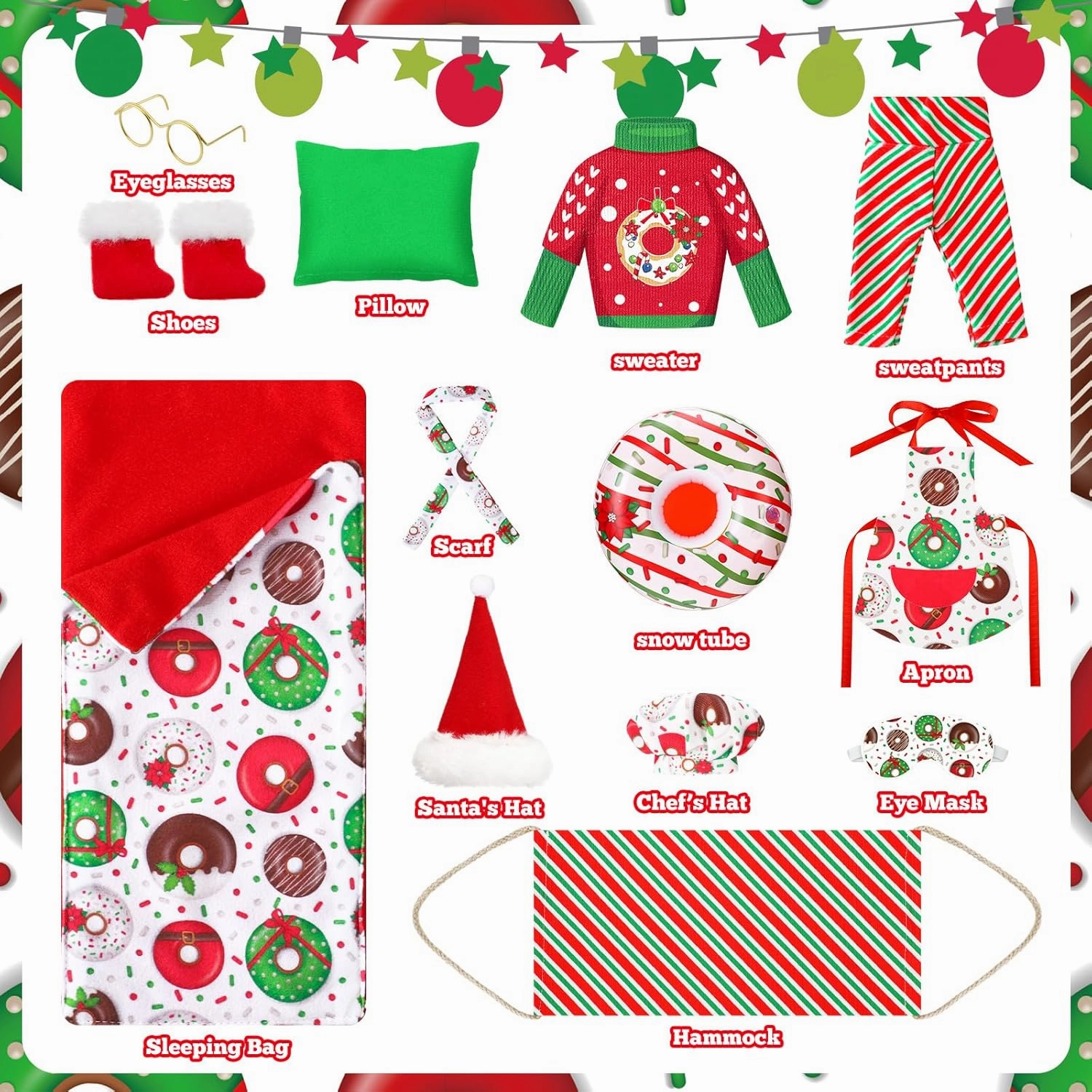Suhine 13 Pcs Christmas Doll Accessories Set on Clothes Donut Clothes Doughnut Outfit Scarf Sleeping Bag Sweater Bathrobe Hammock Apron Hat Doll Costume Dress up for Xmas Doll