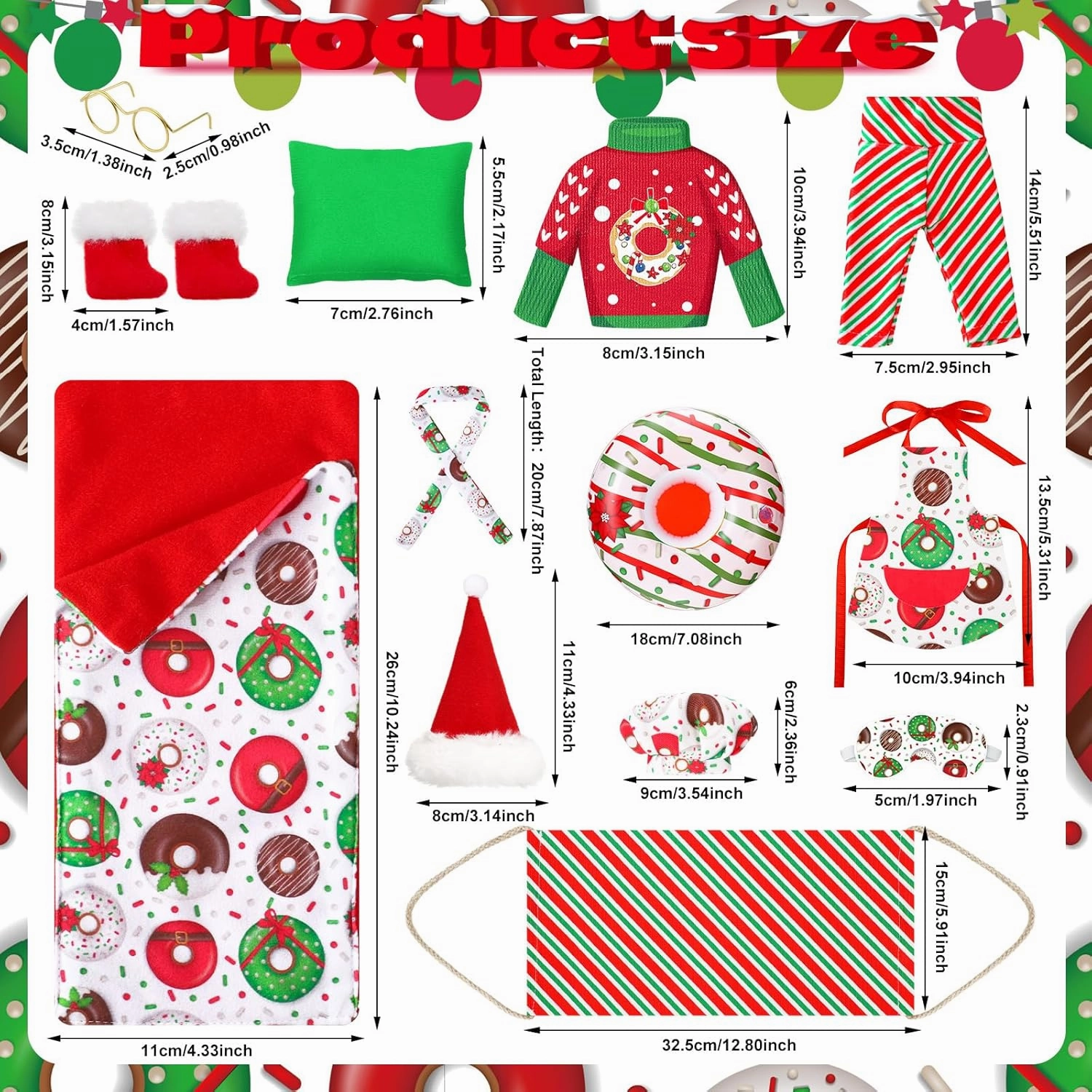 Suhine 13 Pcs Christmas Doll Accessories Set on Clothes Donut Clothes Doughnut Outfit Scarf Sleeping Bag Sweater Bathrobe Hammock Apron Hat Doll Costume Dress up for Xmas Doll