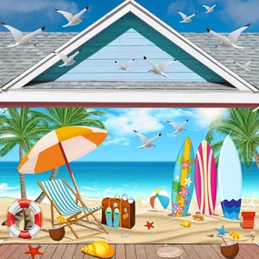 Summer Vacation Garage Door Banner 6 x 13 ft Summer Holiday Backdrop Decoration Ocean Beach Large Garage Door Cover for Indoor Outdoor Photography Summer Party Photo Booth Background Hanging Decor