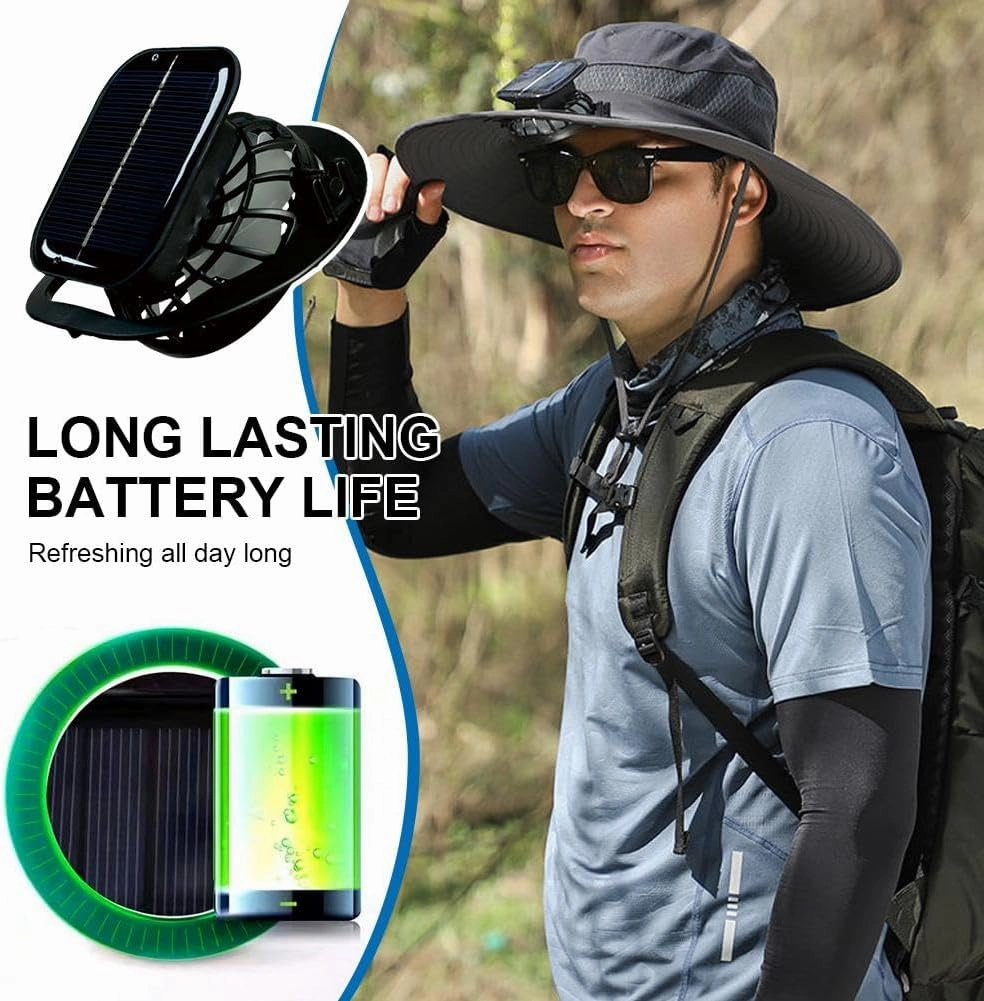 Sun Hat with Solar Fans, 2024 New Wide Brim Solar Fan Mens Summer UV Protection Sun Hat 3 Seconds Cool USB & Solar Powered
