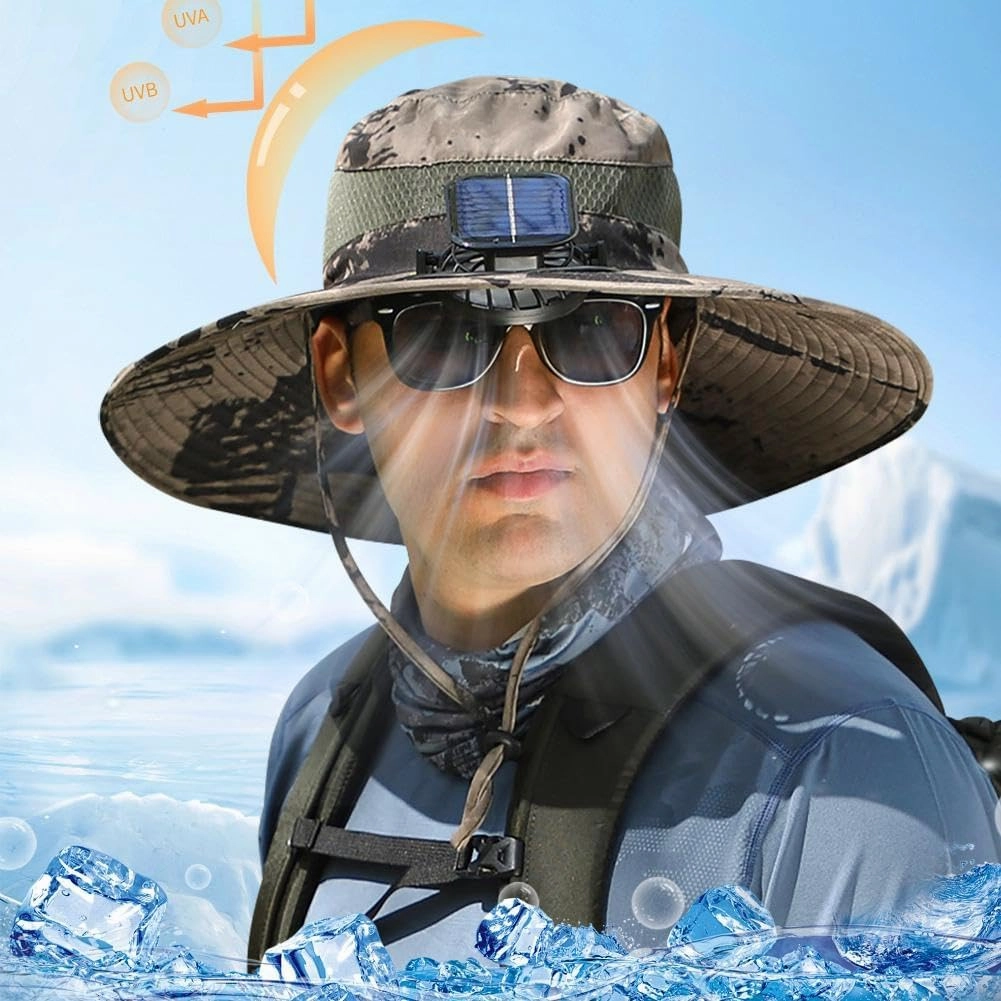 Sun Hat with Solar Fans, 2024 New Wide Brim Solar Fan Mens Summer UV Protection Sun Hat 3 Seconds Cool USB & Solar Powered