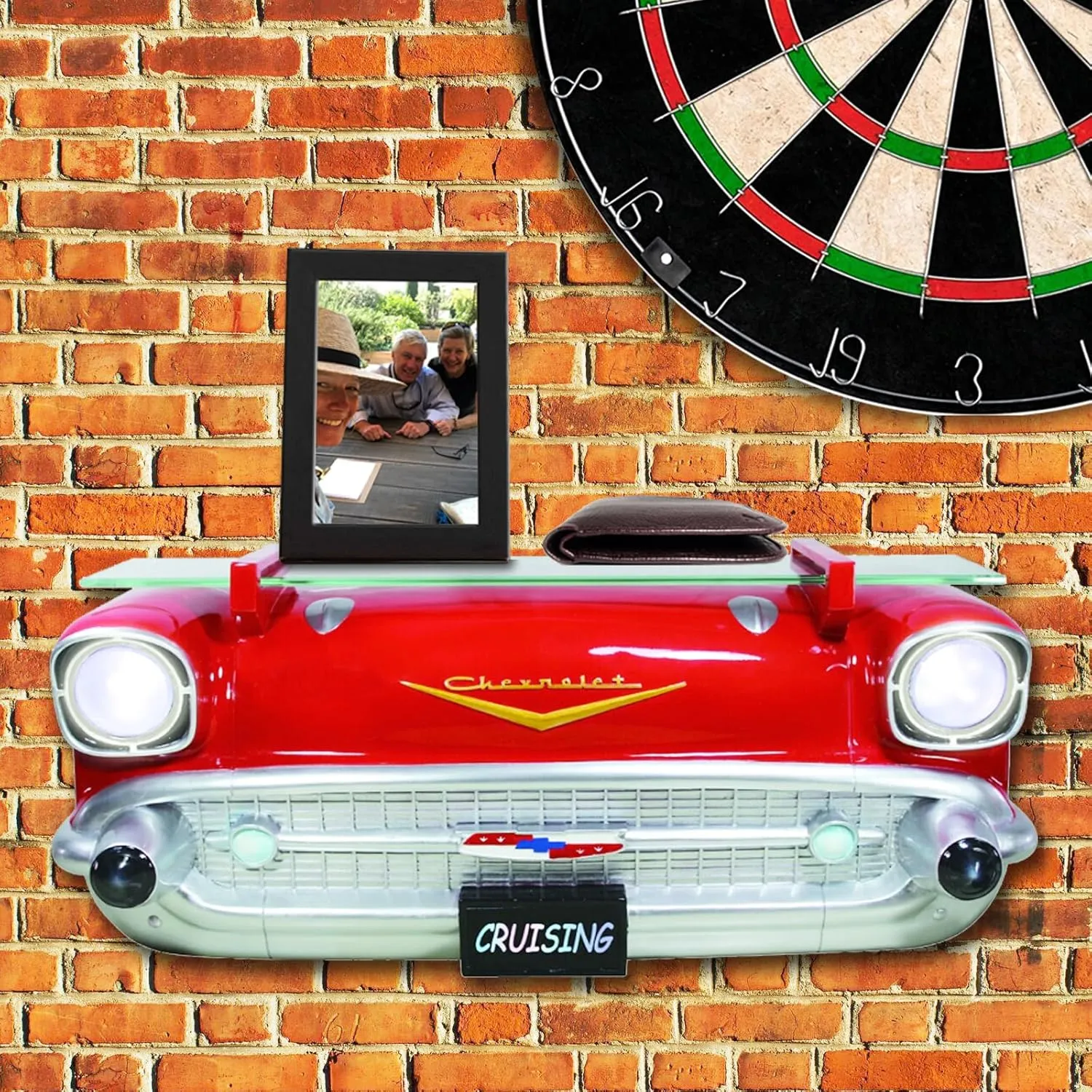 Sunbeltgifts 1957 Chevy Bel Air Wall Shelf, Floating Shelf, Red, 20x6.1x8 inches, Tempered Glass, LED Headlights, Battery Operated