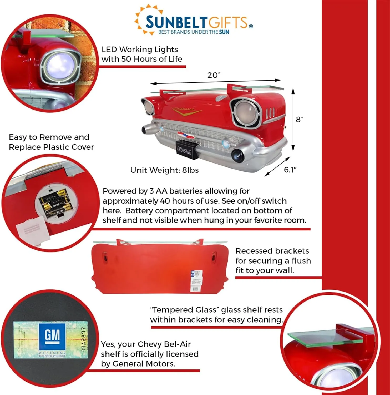 Sunbeltgifts 1957 Chevy Bel Air Wall Shelf, Floating Shelf, Red, 20x6.1x8 inches, Tempered Glass, LED Headlights, Battery Operated