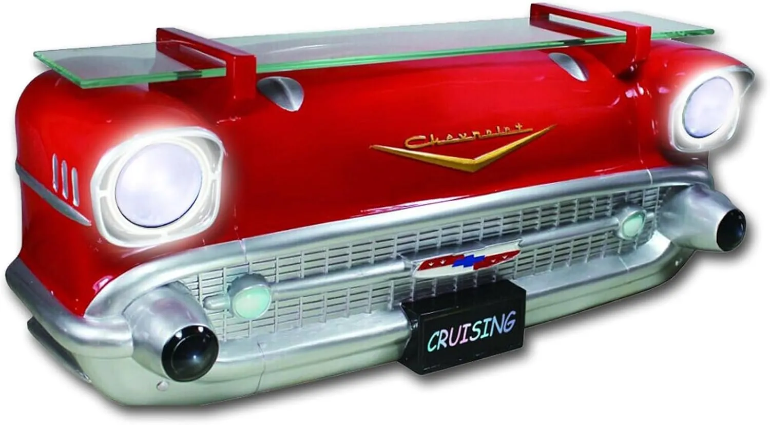 Sunbeltgifts 1957 Chevy Bel Air Wall Shelf, Floating Shelf, Red, 20x6.1x8 inches, Tempered Glass, LED Headlights, Battery Operated