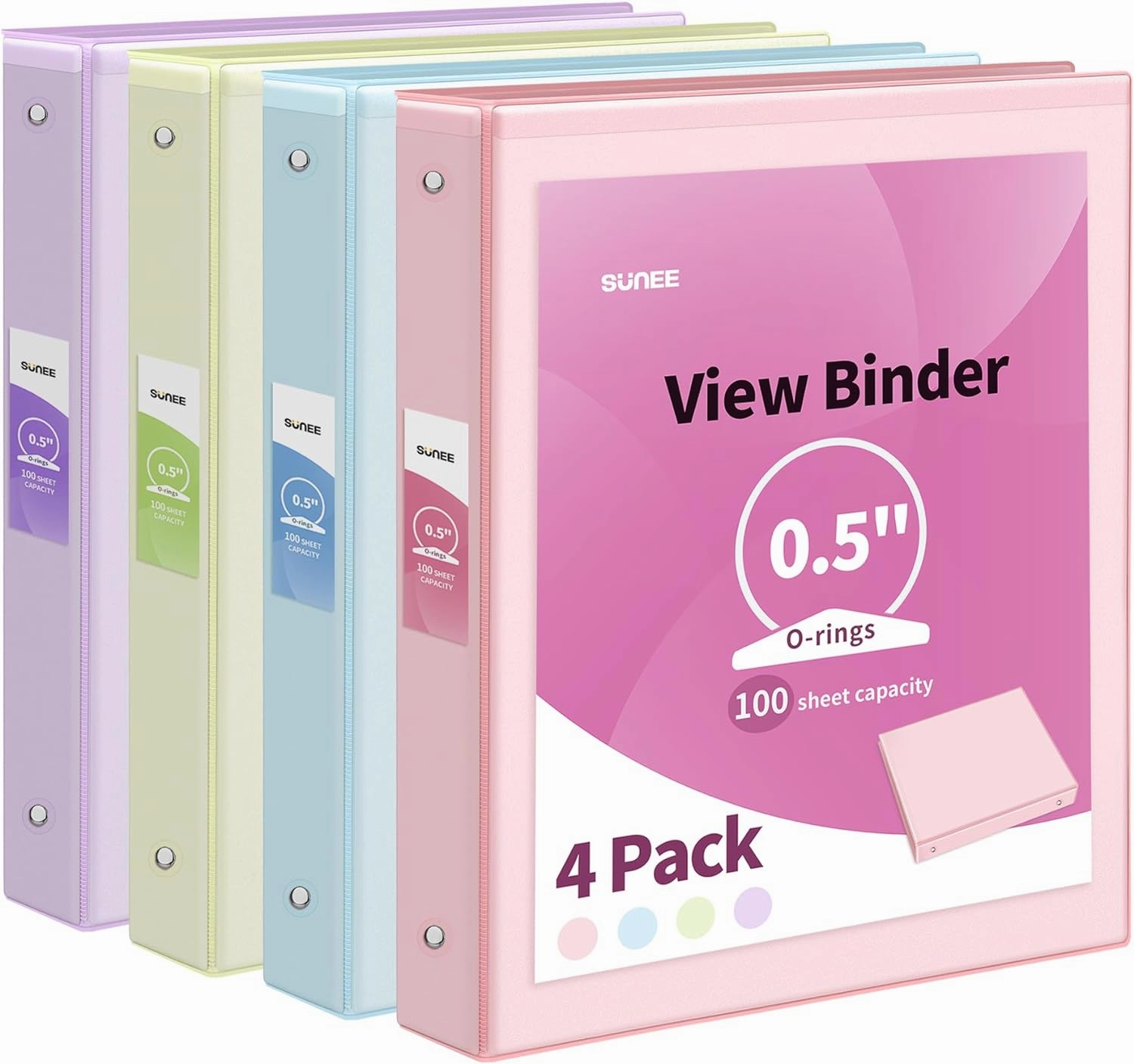 SUNEE 1/2 Inch Binders 3 Ring 4 Pack, Clear View Binder Three Ring PVC-Free (Fit 8.5x11 Inches) for School or Office Supplies, Assorted Pastel Binder