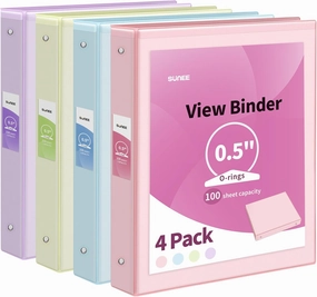 SUNEE 1/2 Inch Binders 3 Ring 4 Pack, Clear View Binder Three Ring PVC-Free (Fit 8.5x11 Inches) for School or Office Supplies, Assorted Pastel Binder