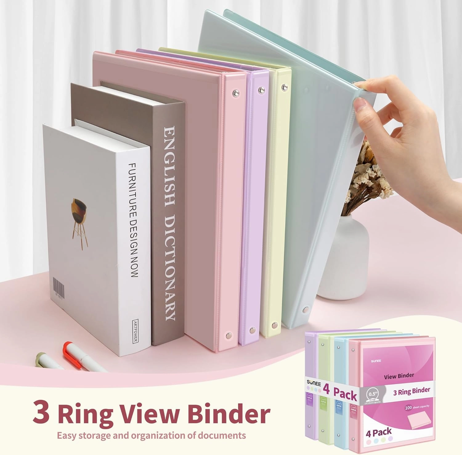 SUNEE 1/2 Inch Binders 3 Ring 4 Pack, Clear View Binder Three Ring PVC-Free (Fit 8.5x11 Inches) for School or Office Supplies, Assorted Pastel Binder