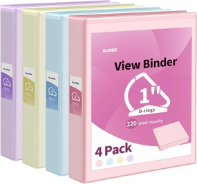 SUNEE 3 Ring Binder, 1 Inch D Ring, Clear View PVC-Free (Fit 8.5x11 Inches), Assorted Pastel, 4 Pack