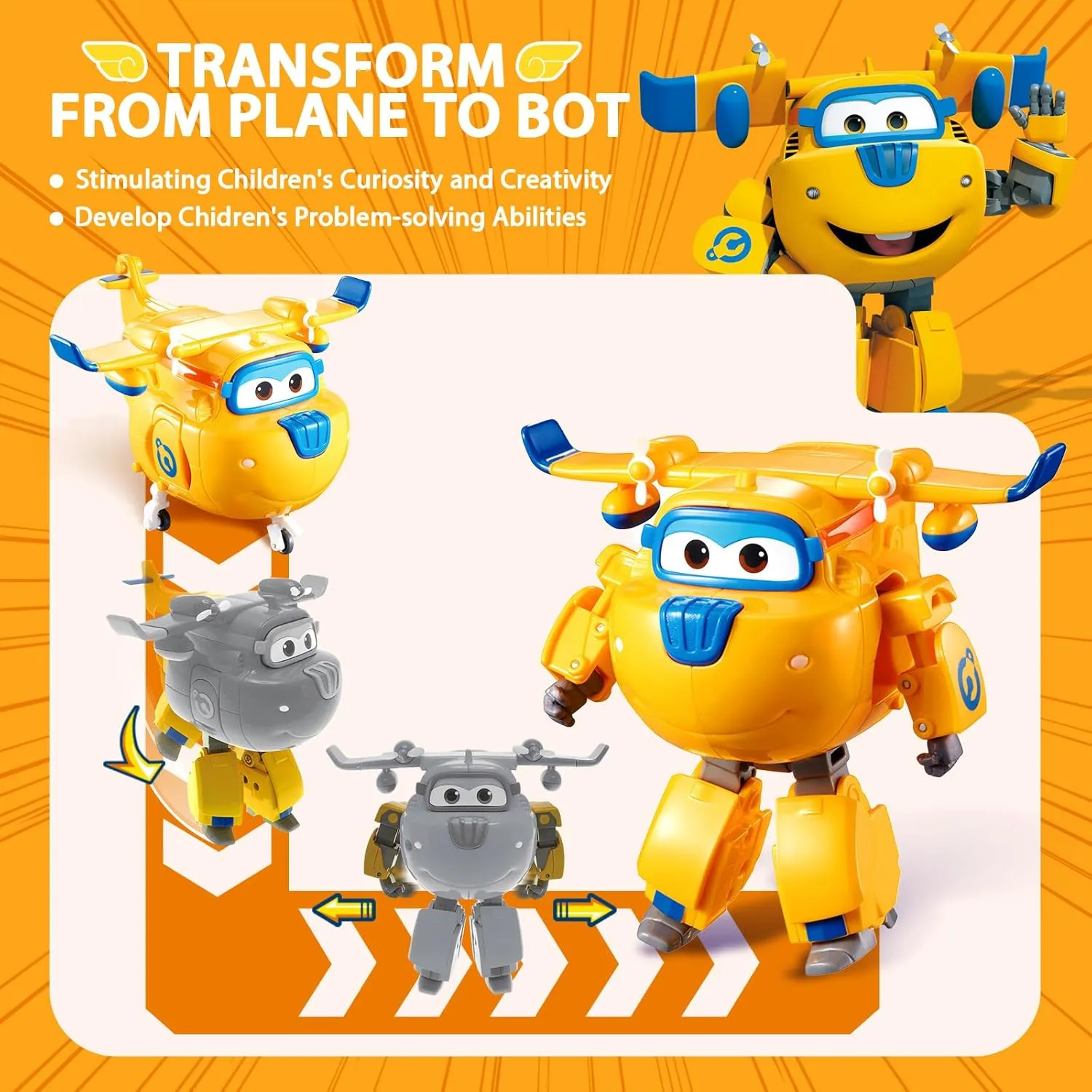 Super Wings Transformable Toys, 5 in Donnie Airplane Transforming Figures Toys, 2 in 1 Mode Rescue Bots Action Figure Toys for 3-5 Year Old Boys Girls, Fun Plane Toys for Toddlers Kids Age 3 4 5 6 7