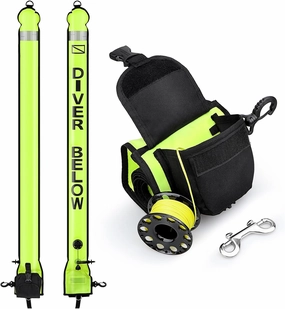 Surface Marker Buoy and Dive Reel Set, 5ft High Visibility Open Bottom Delayed SMB with Reel Storage Bag   100ft Diving Spool Reel and Clip