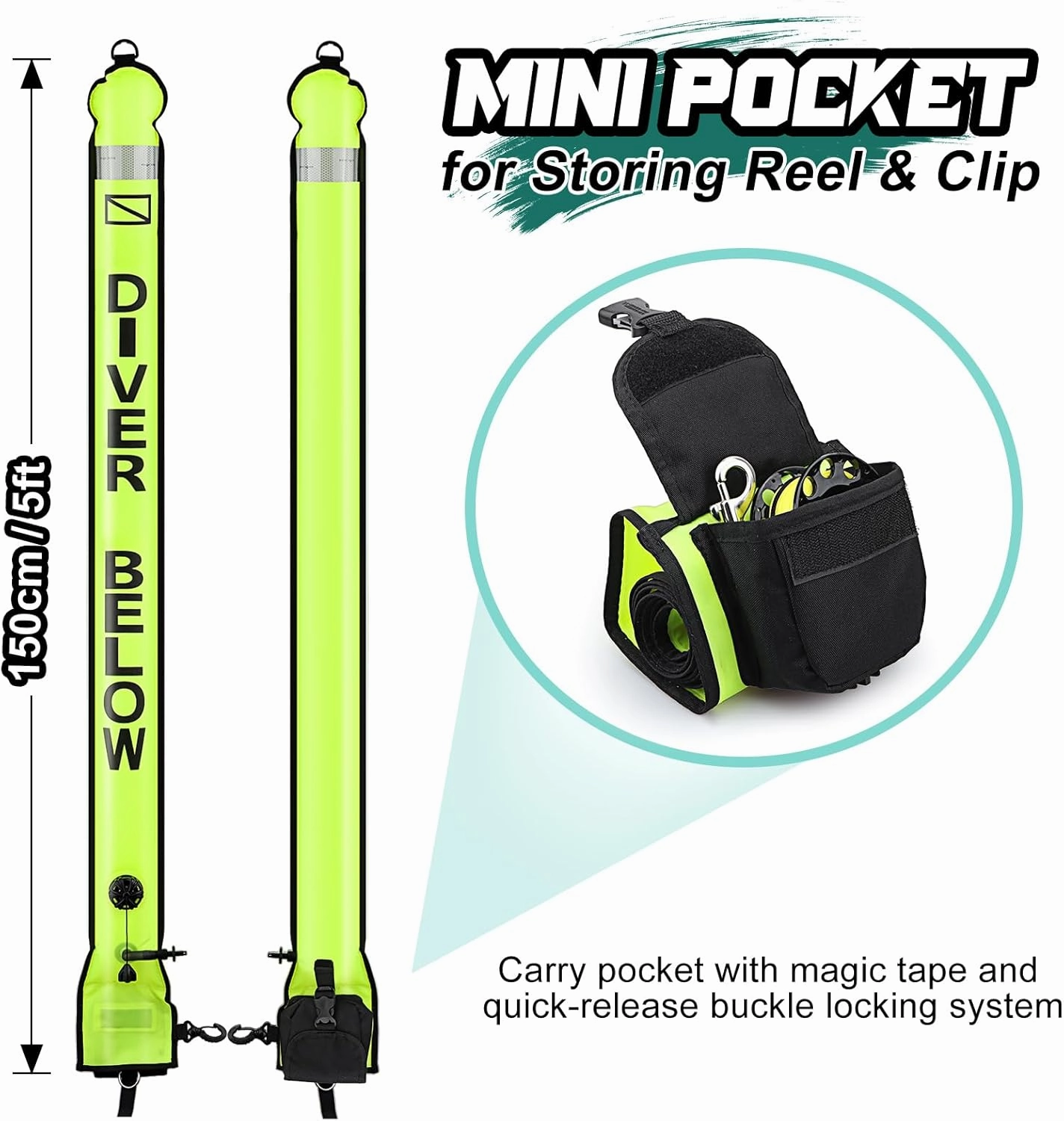 Surface Marker Buoy and Dive Reel Set, 5ft High Visibility Open Bottom Delayed SMB with Reel Storage Bag   100ft Diving Spool Reel and Clip