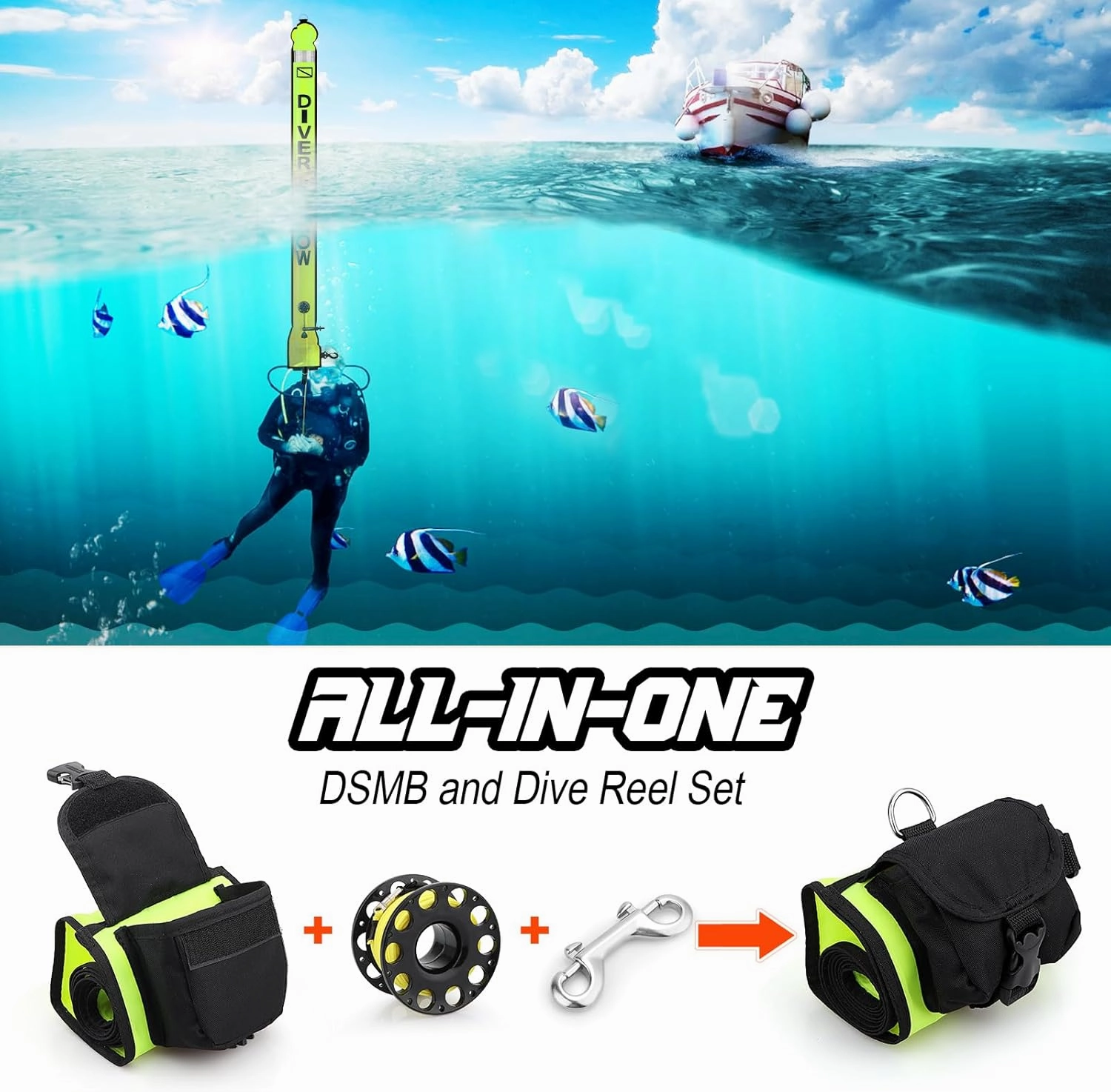 Surface Marker Buoy and Dive Reel Set, 5ft High Visibility Open Bottom Delayed SMB with Reel Storage Bag   100ft Diving Spool Reel and Clip