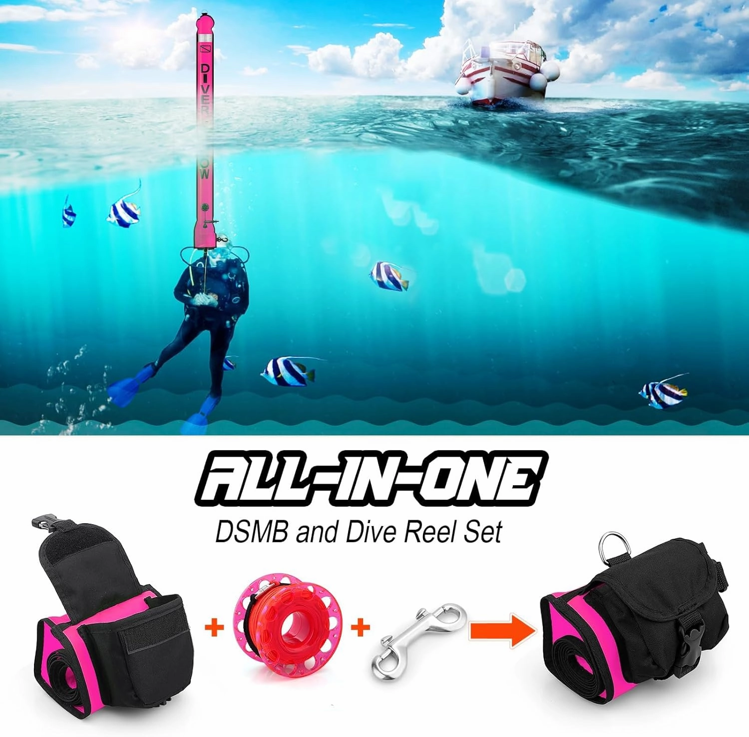 Surface Marker Buoy Scuba with Reel, 6ft High Visibility Diving Open Bottom Signal Tube Safety Sausage with Pouch Bag, 100ft ABS Dive Reel and Steel Double-Ended Bolt Snap